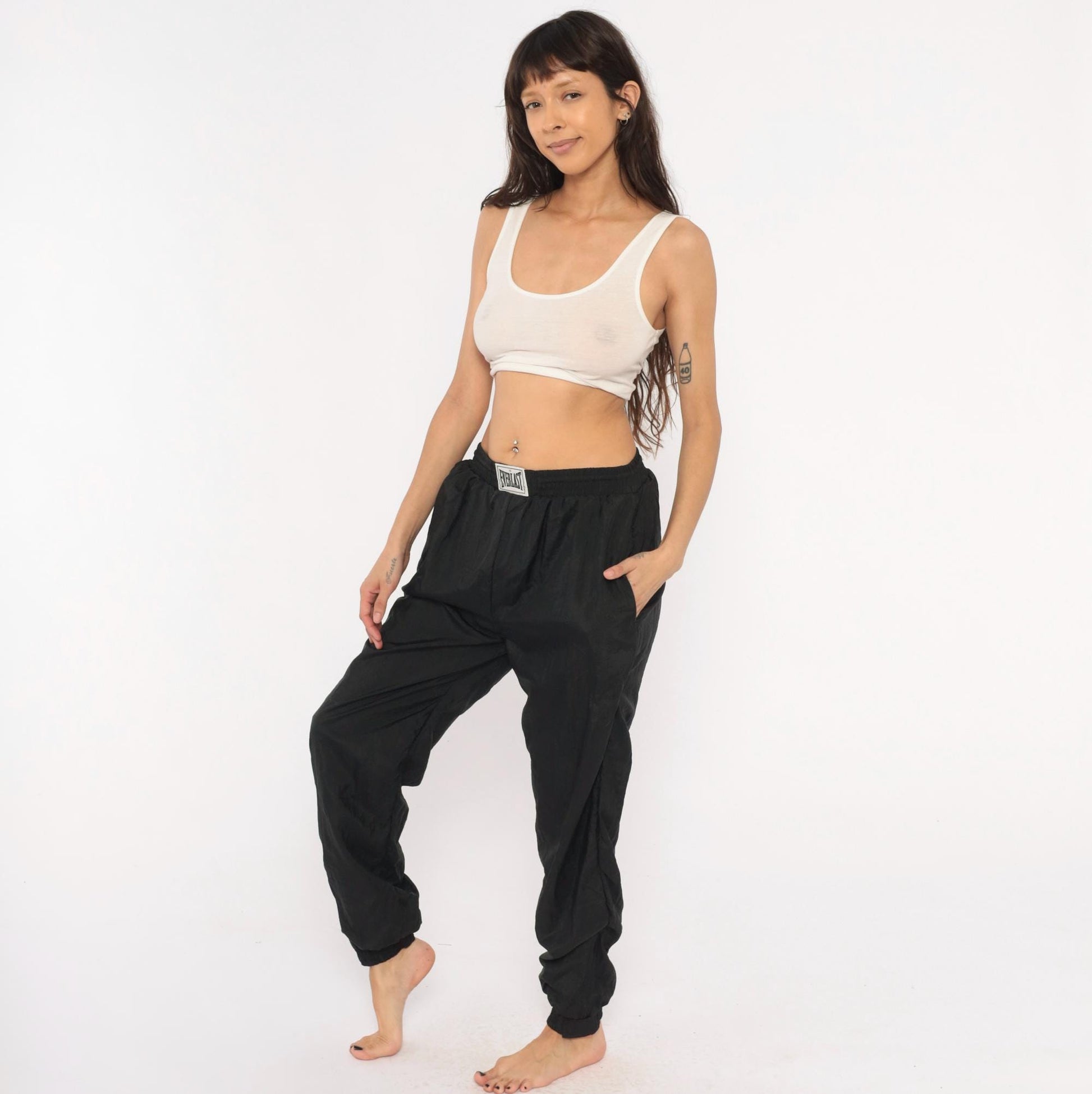 90s Everlast Black Nylon Track Pants Tapered Ankle Zip Medium M