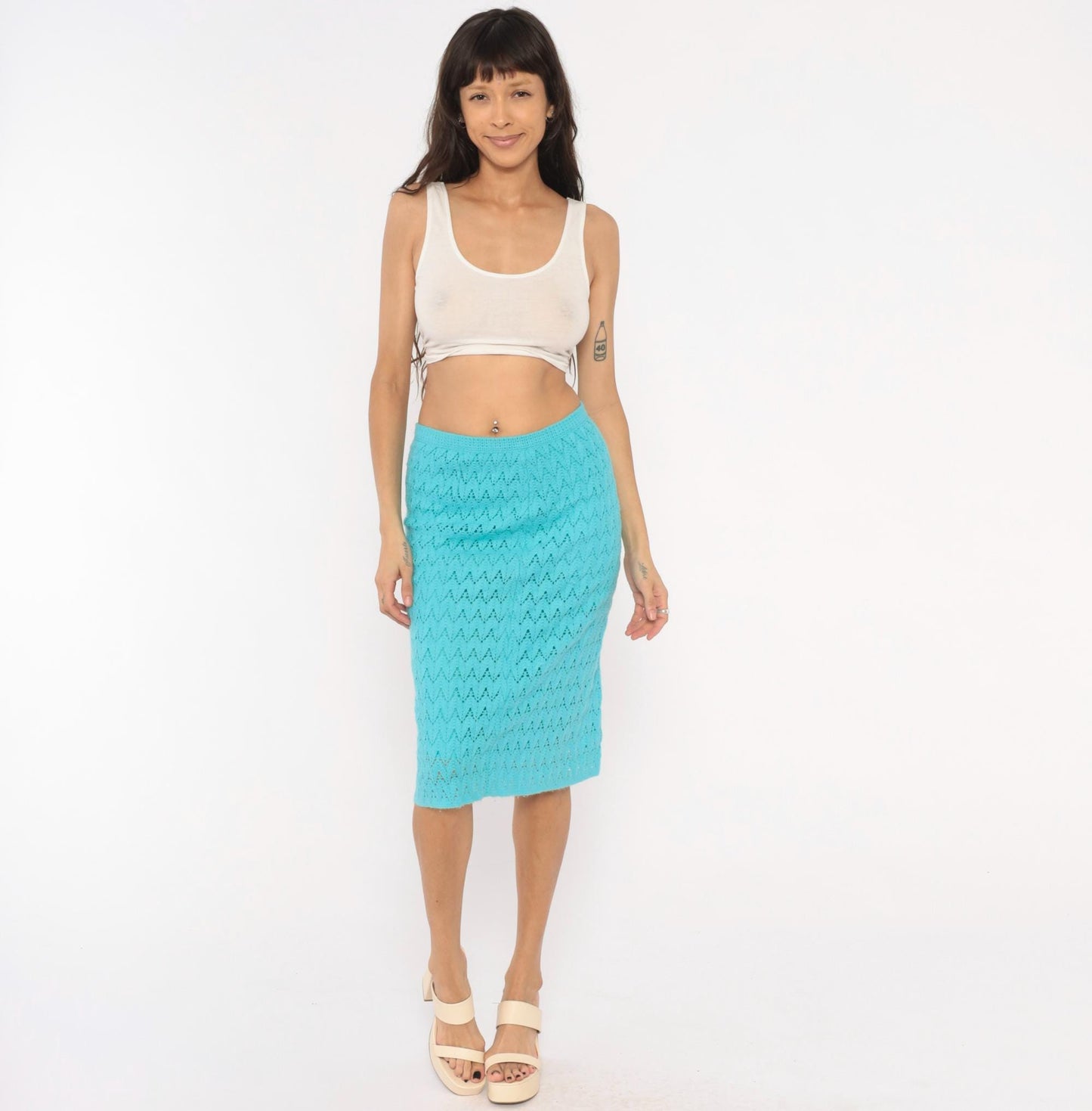 70s Aqua Crochet Pencil Skirt Chevron Knit Midi Knee-Length Small