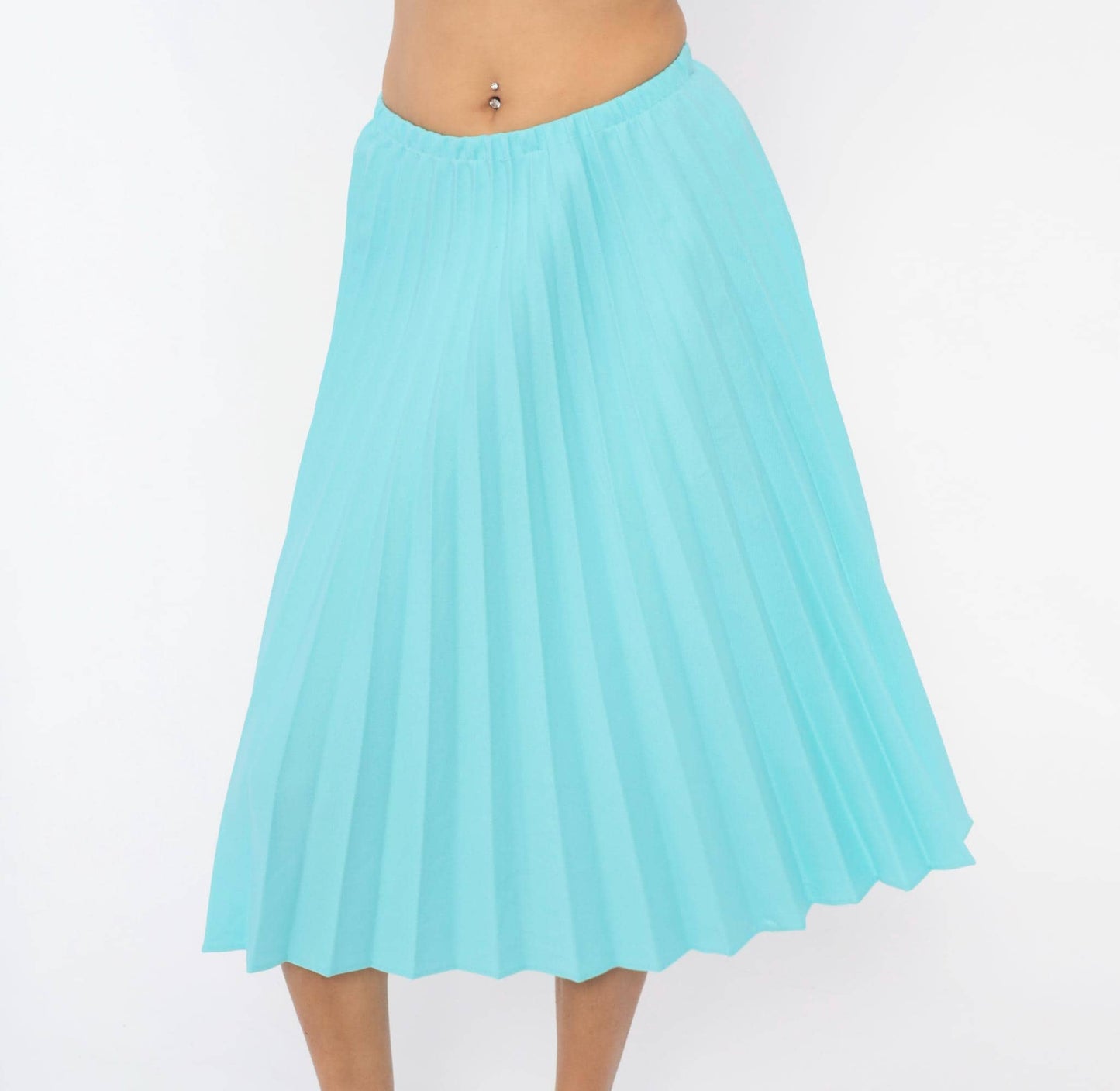 70s Aqua Pleated Midi Skirt Accordion Knife Pleat A-Line Sky Blue Small Medium