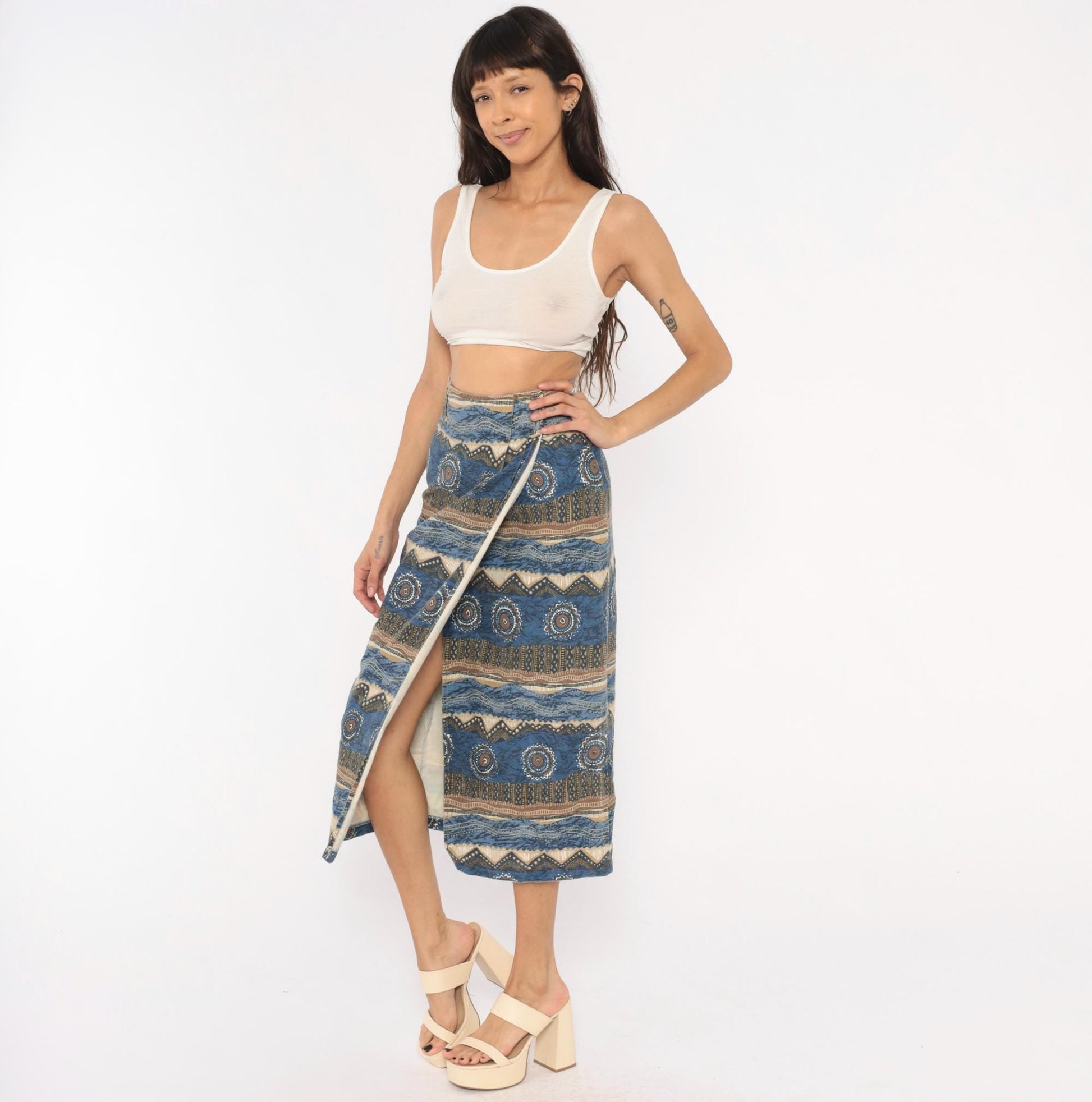 90s Southwestern Tribal Midi Skirt Blue Cream Cotton High Waist Wrap Small