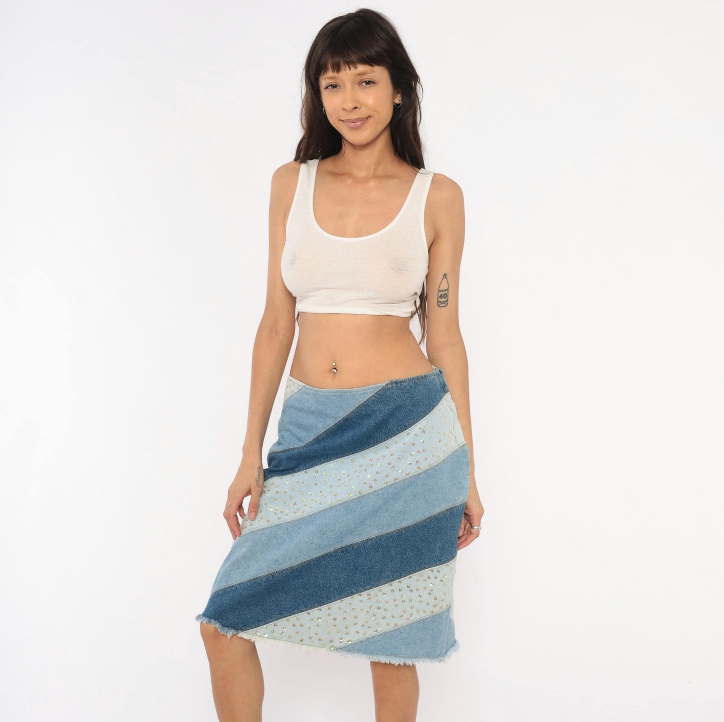 Y2K Avenue Blues Patchwork Denim Skirt Sequin Embellished Knee Length Extra Large