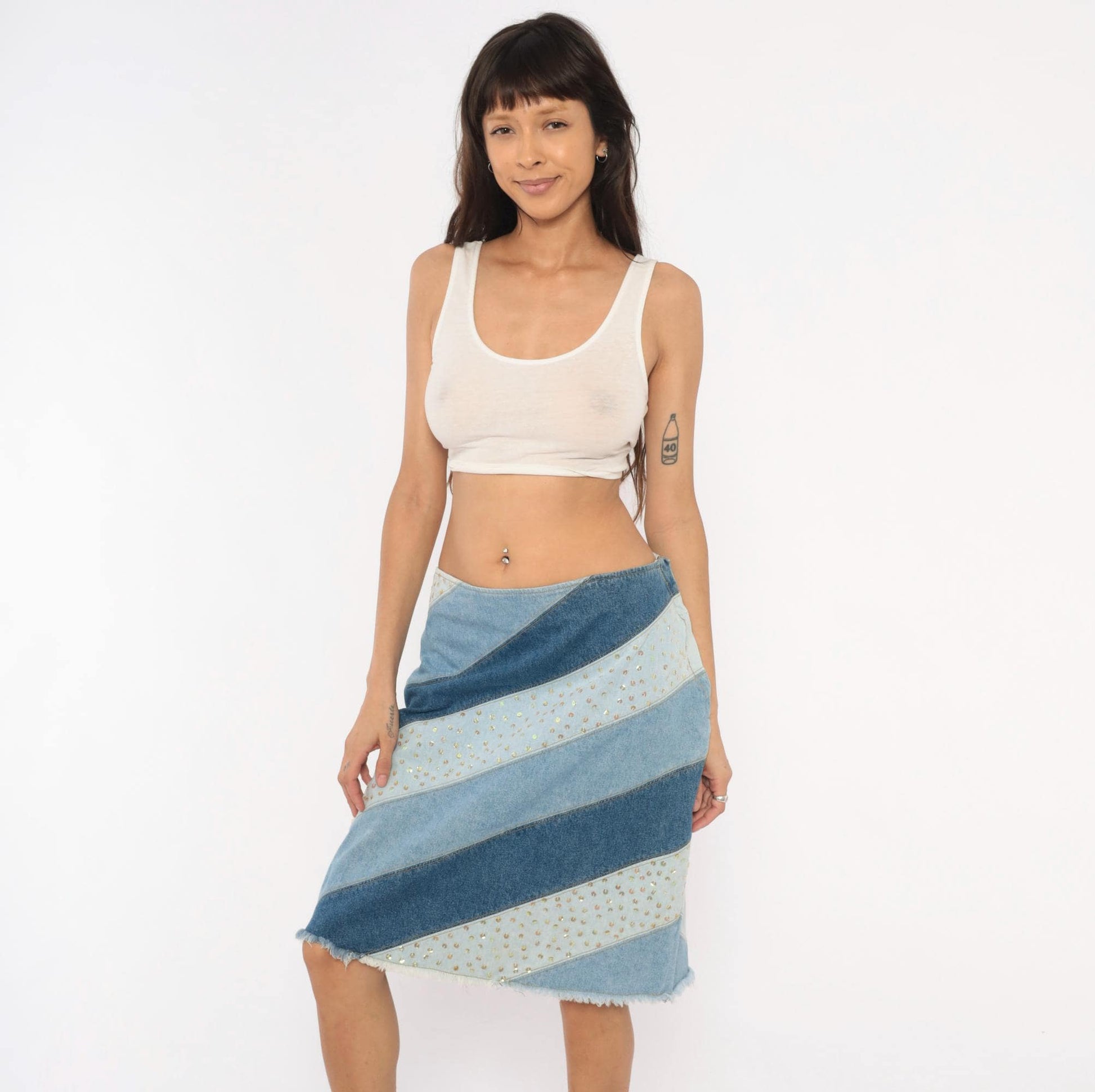 Y2K Avenue Blues Patchwork Denim Skirt Sequin Embellished Knee Length Extra Large