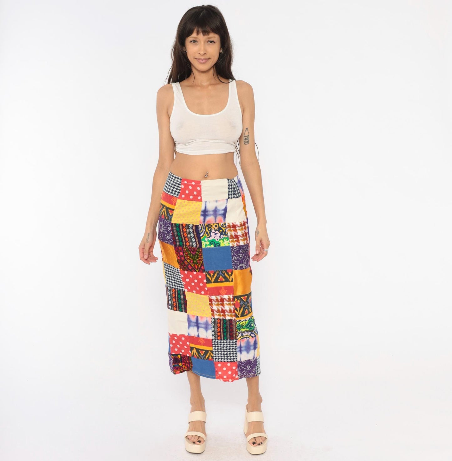 70s Patchwork Midi Skirt Quilted Multicolor High Waist Pencil Small