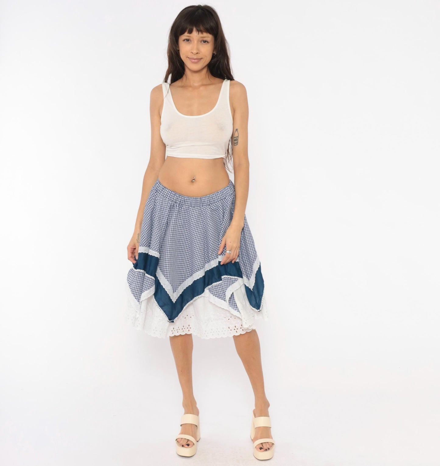 80s Jeri Bee Gingham Circle Skirt Blue White Eyelet Lace Trim Small