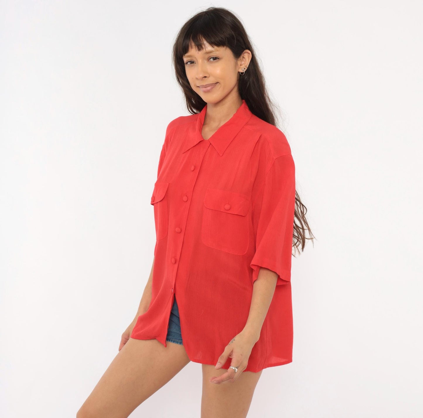 90s Sk&Company Red Cotton Camp Shirt Button Front Collared Large L