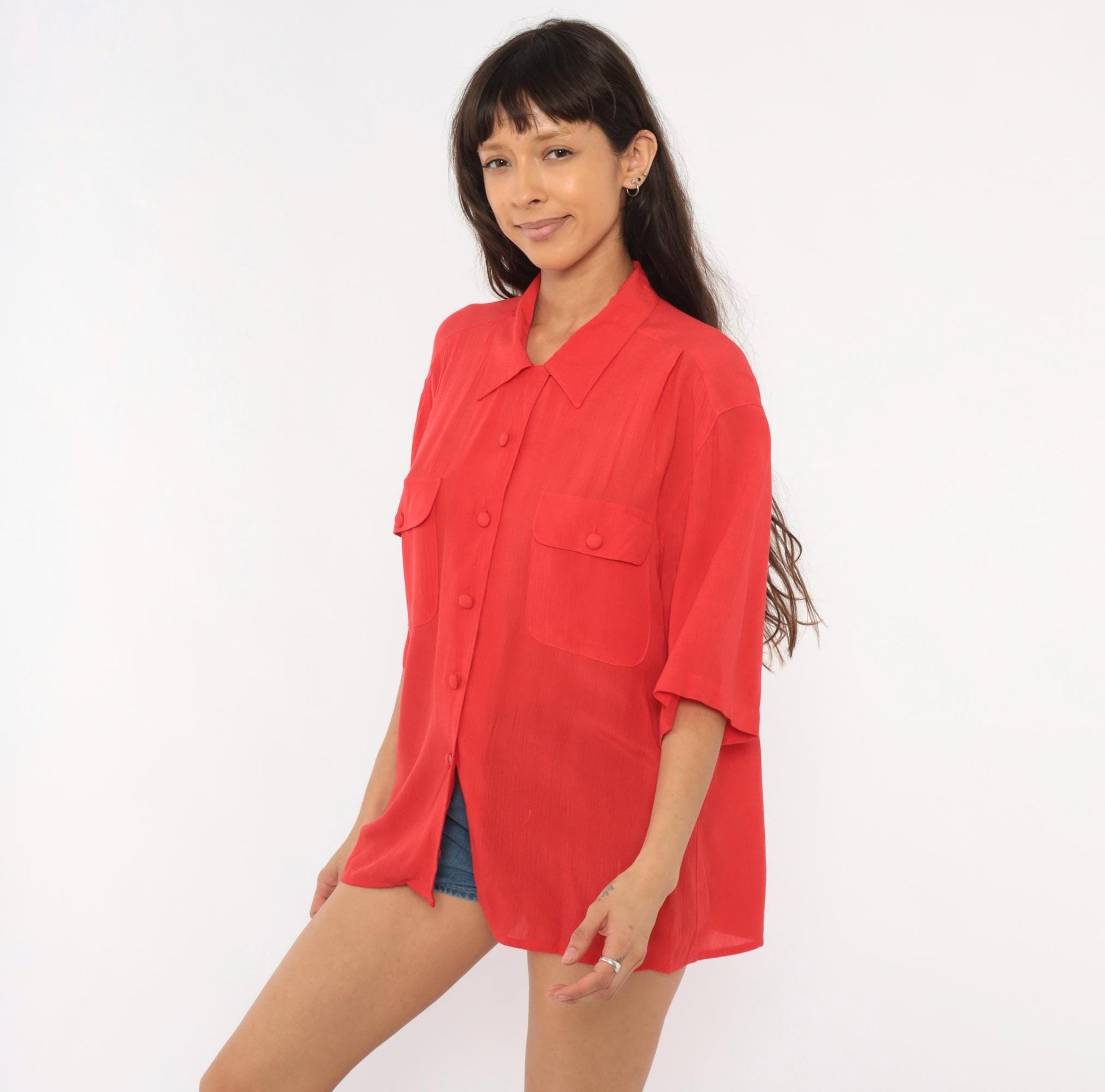 90s Sk&Company Red Cotton Camp Shirt Button Front Collared Large L