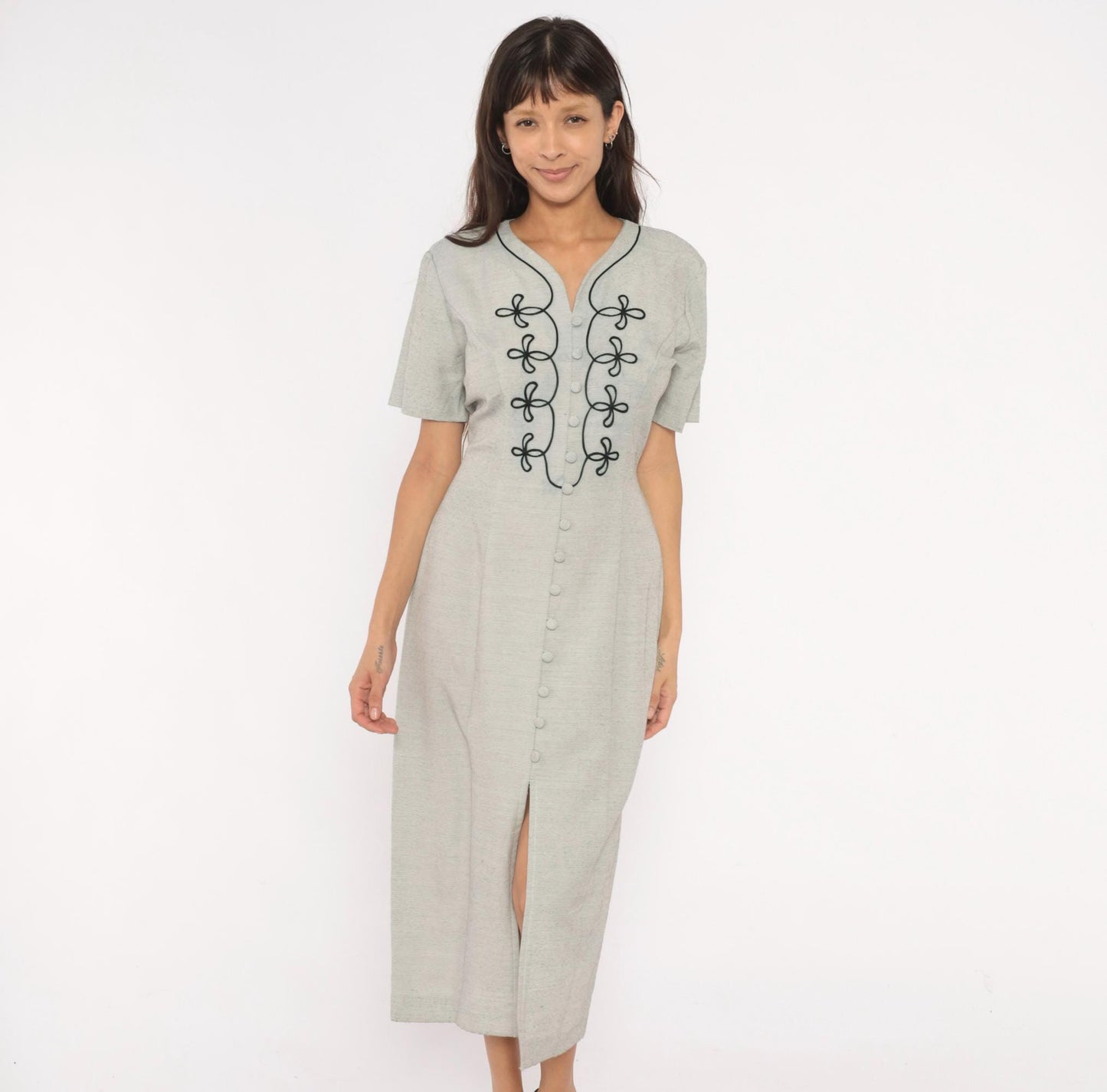 90s DJI Grey Midi Dress Soutache Embroidered Button Front V Neck Medium M