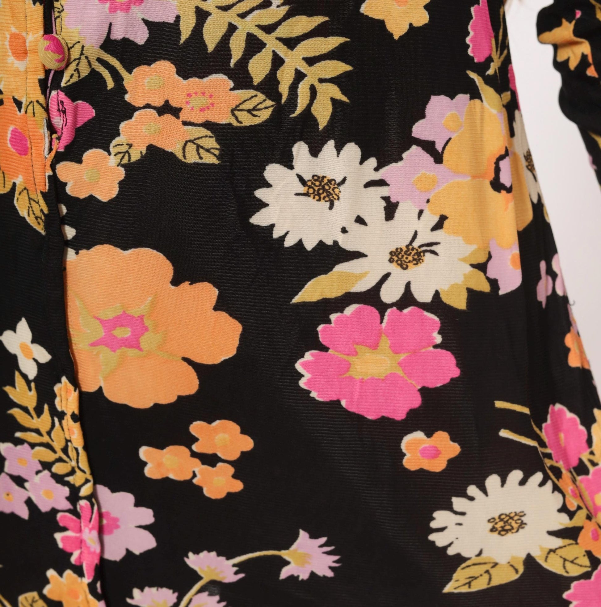 70s The Company Floral Mini Dress Black Pink Orange V-Neck Long Sleeve Small