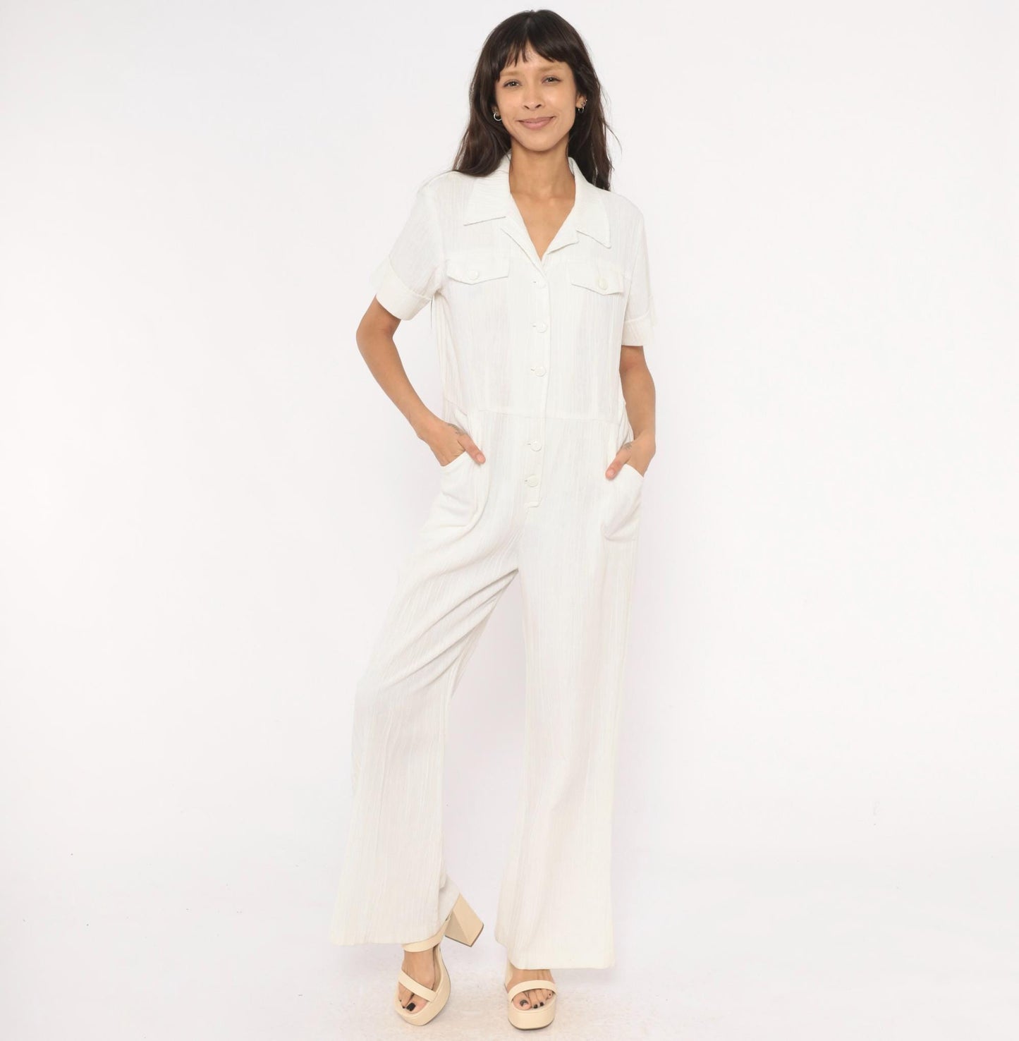 70s White Cotton Linen Jumpsuit Button Front Wide Leg Camp Collar Medium M