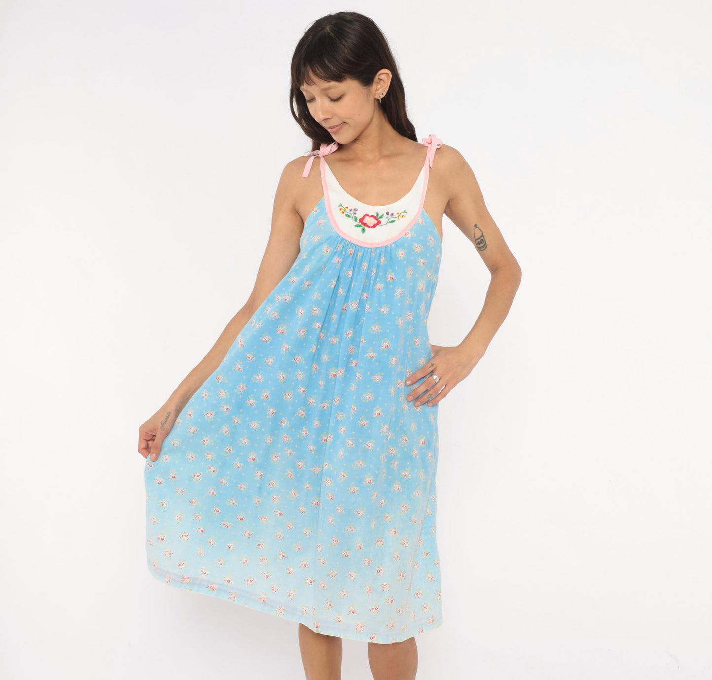80s Baby Blue Floral Embroidered Nightgown Cotton Tie Shoulder Small