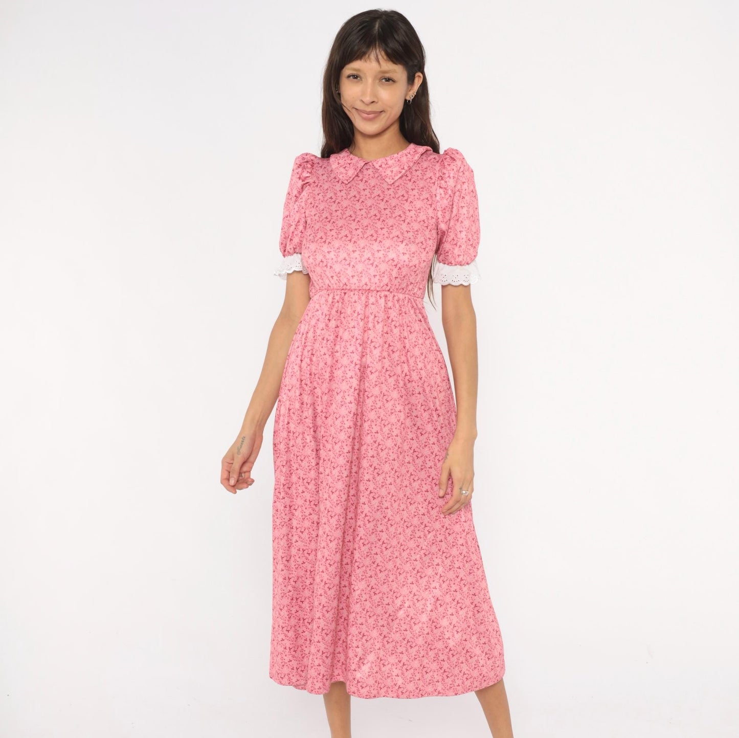 Y2K Pink Floral Midi Dress Puff Sleeve Peter Pan Collar Eyelet Lace Small S