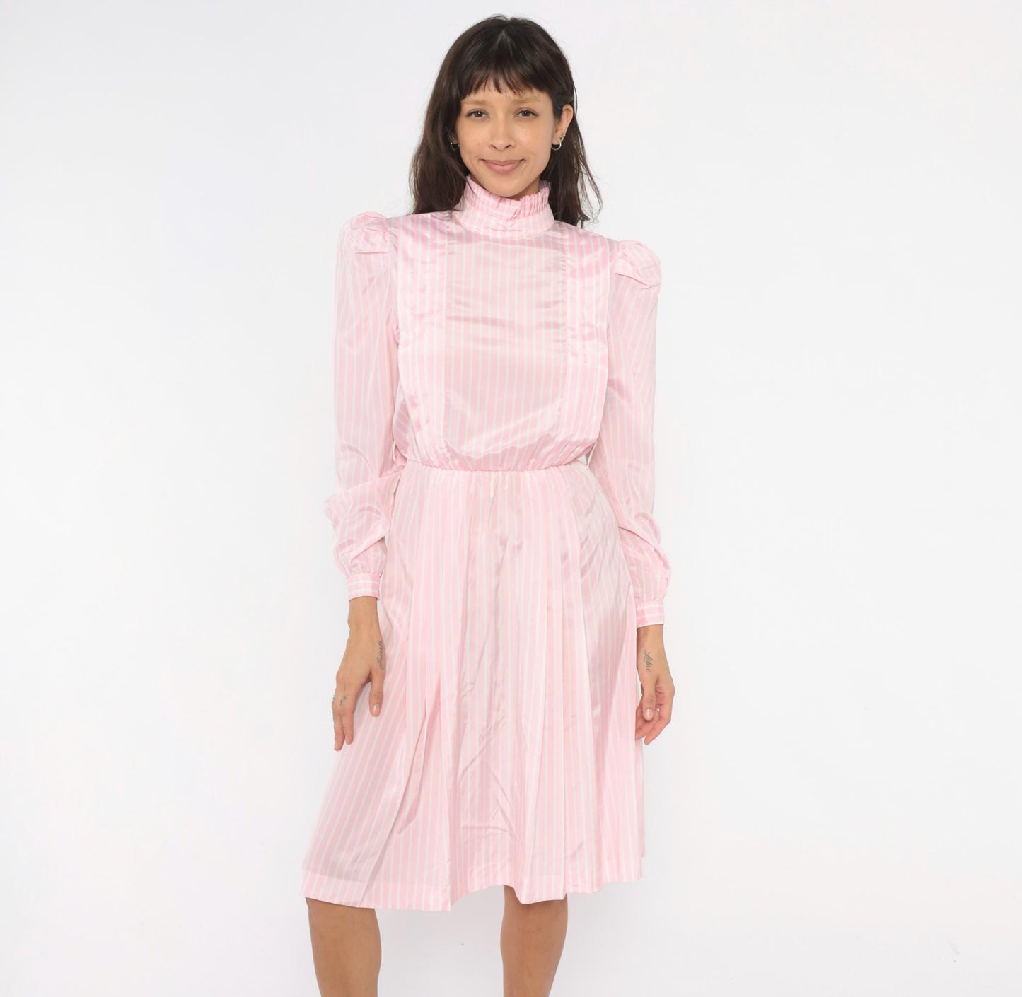 80s Jennifer Pink White Striped Dress Puff Sleeve Mock Neck Small