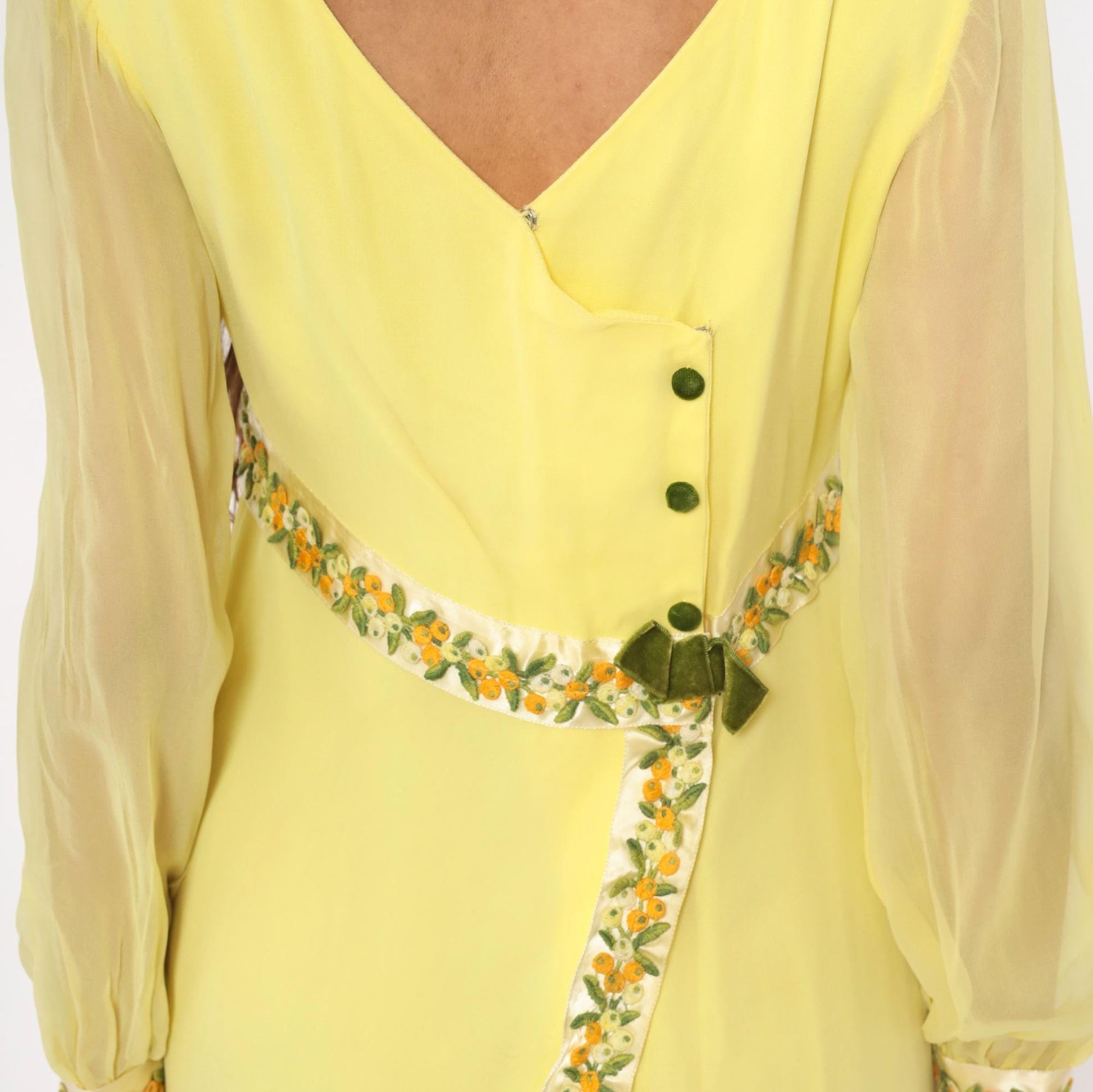 1960s Yellow Chiffon Empire Waist Mini Dress Embroidered Floral Small