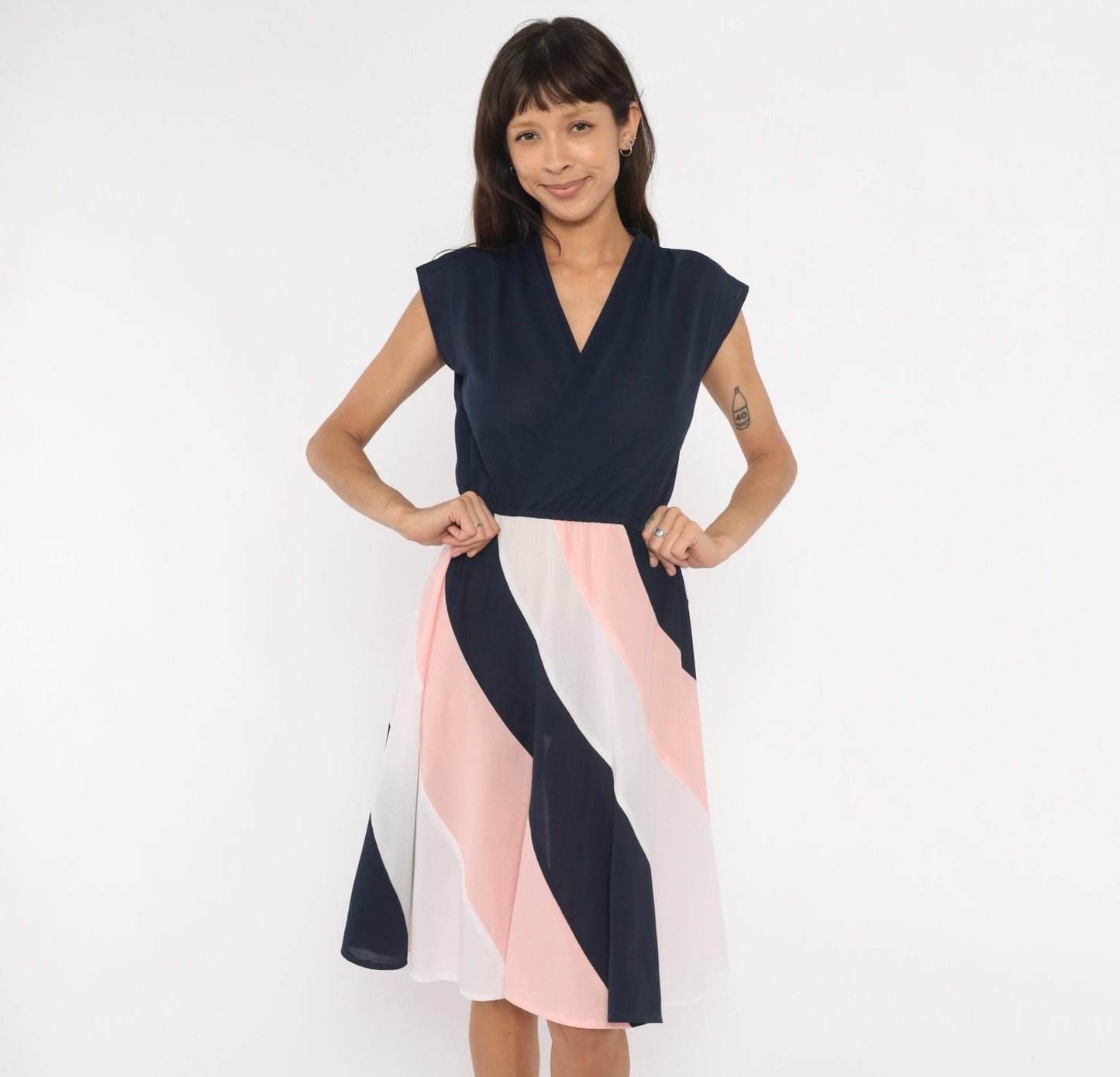70s Navy Colorblock Sundress Pink White Diagonal Stripe Knee-Length Medium