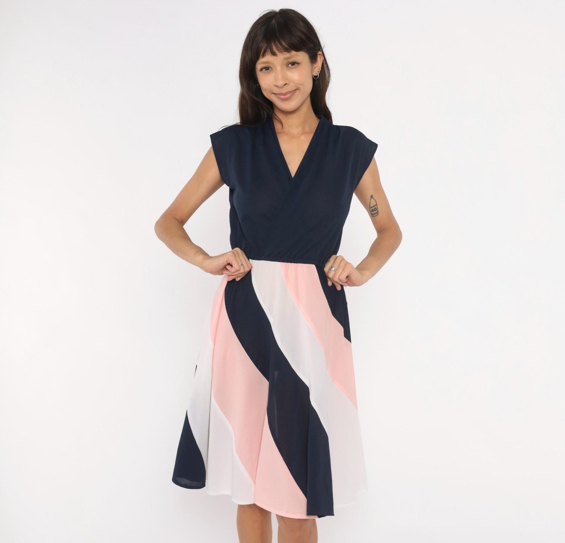 70s Navy Colorblock Sundress Pink White Diagonal Stripe Knee-Length Medium