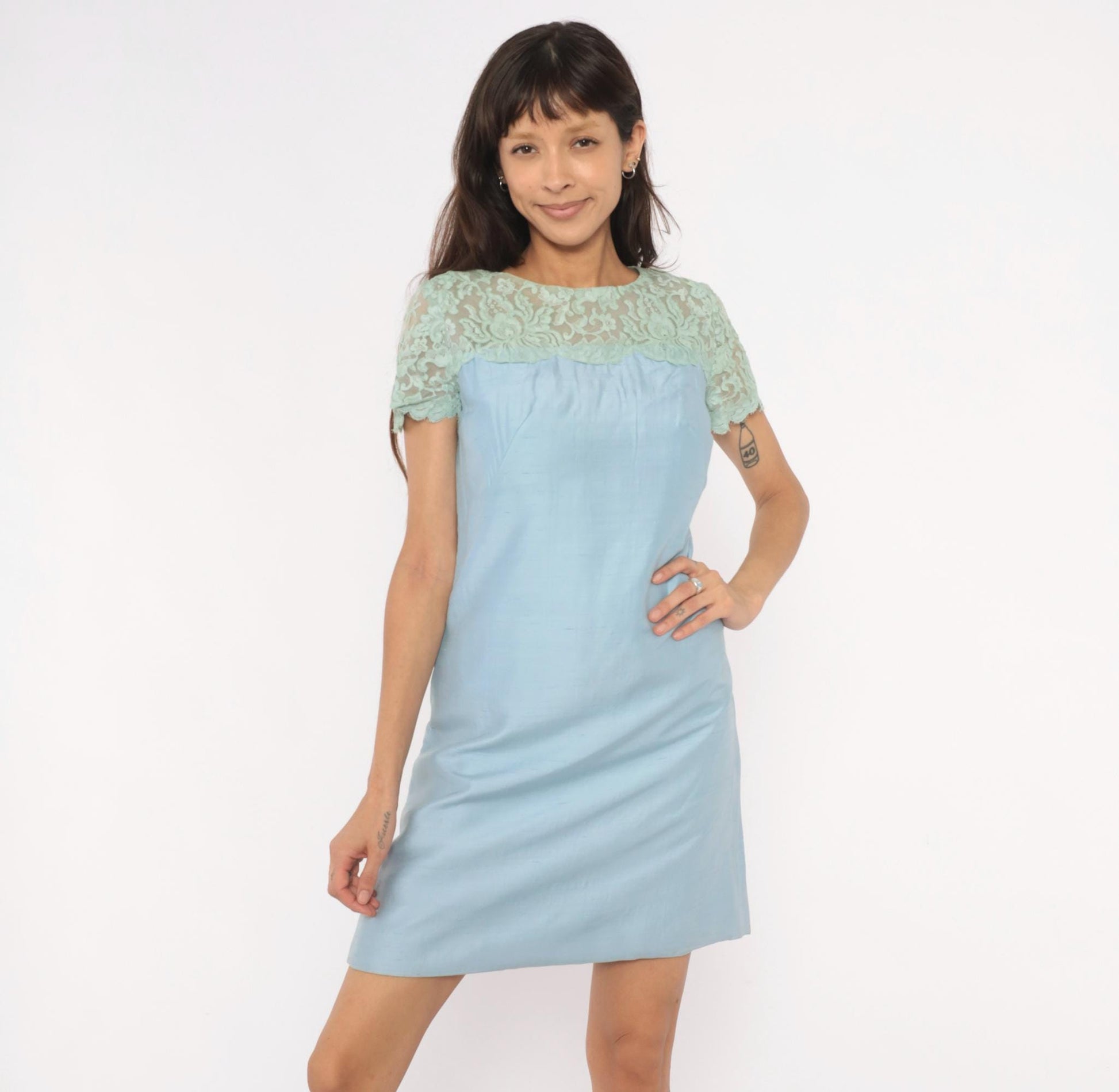 1960s Country Miss Mint Lace A-Line Shift Dress Powder Blue Small