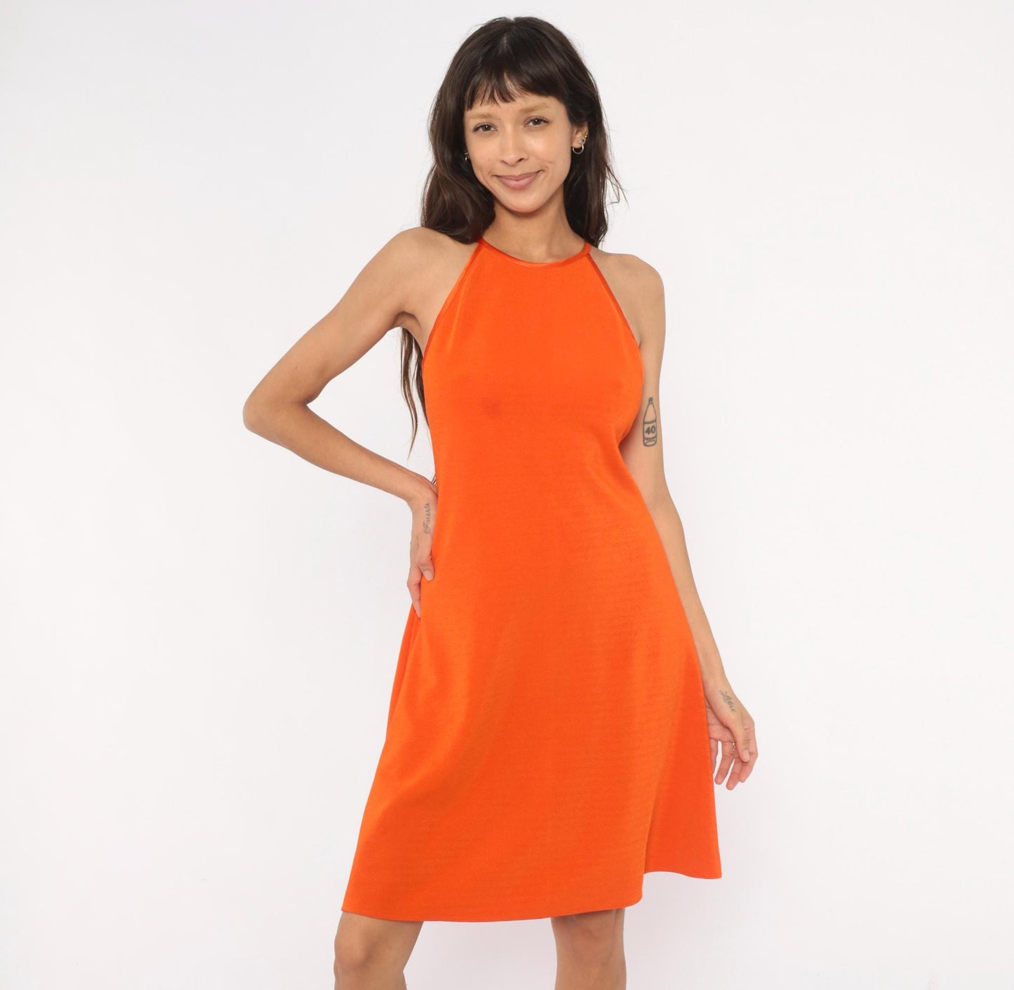 90s Jessica Howard Orange Halter Dress Criss Cross Back Knee Length Small