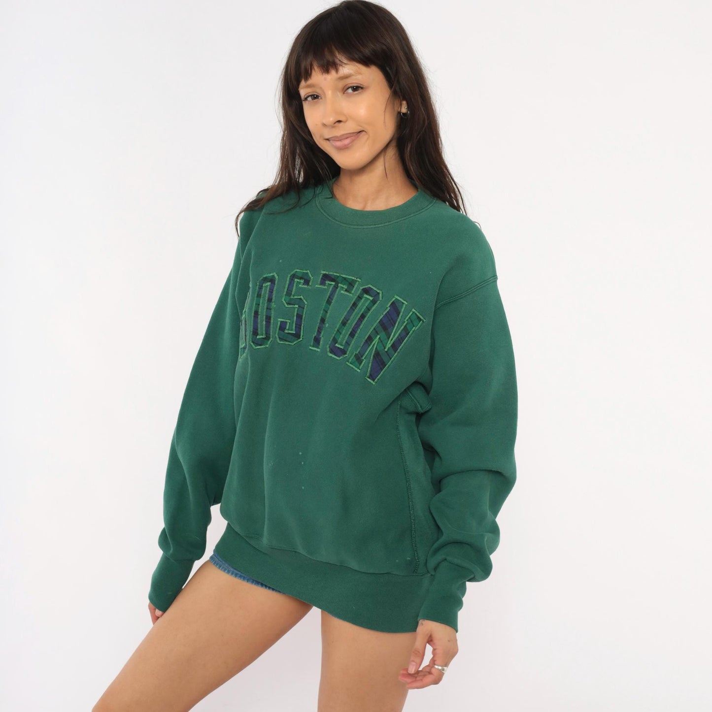 90s Boston Crewneck Sweatshirt Plaid Applique Forest Green Extra Large XL