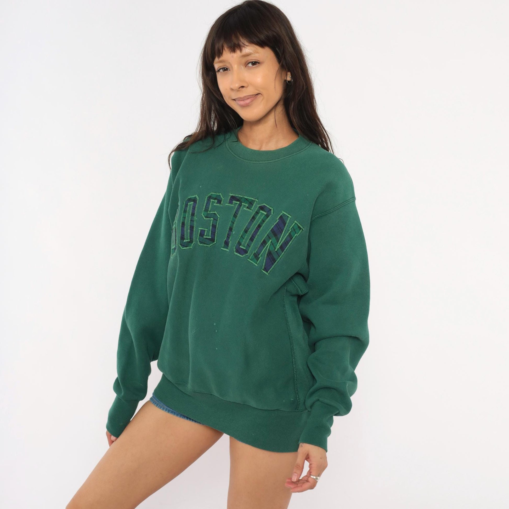 90s Boston Crewneck Sweatshirt Plaid Applique Forest Green Extra Large XL