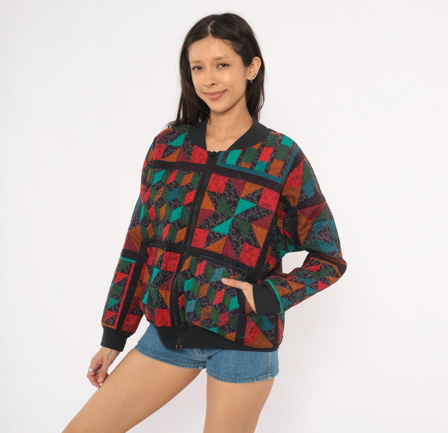 90s Quilted Patchwork Bomber Jacket Geometric Star Block Cotton Multicolor Large L