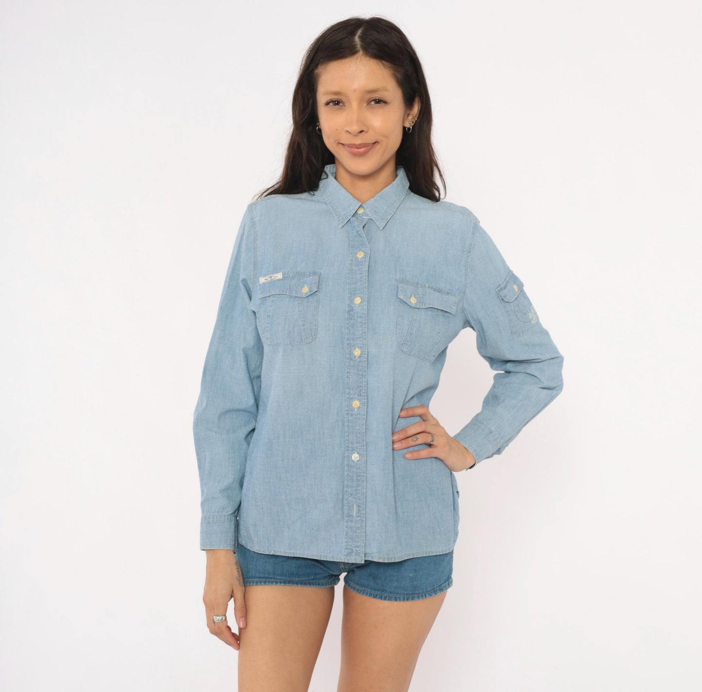 90s Ralph Lauren Jeans Co Chambray Button-Up Shirt Light Blue Cotton Long Sleeve Large L