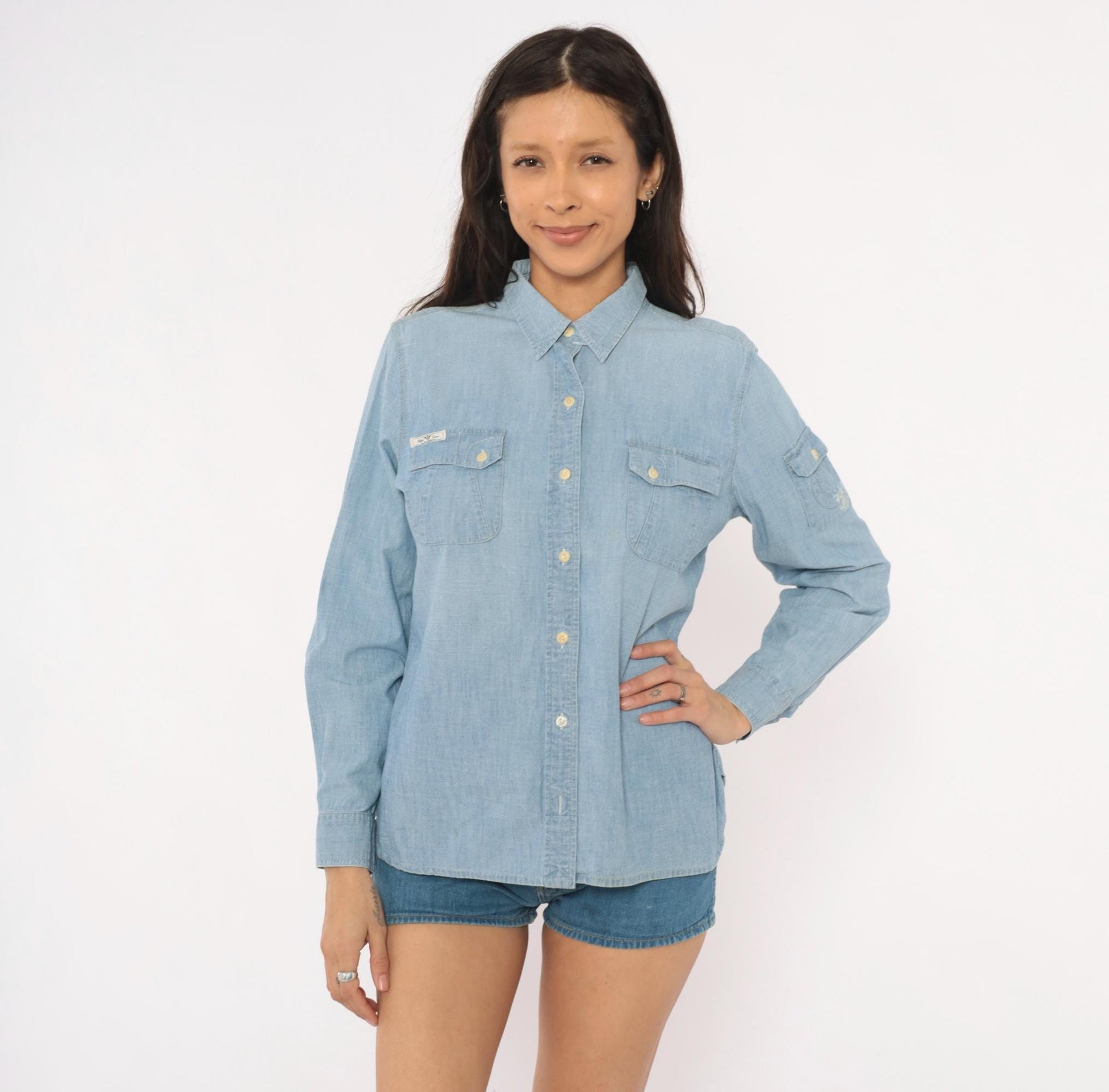 90s Ralph Lauren Jeans Co Chambray Button-Up Shirt Light Blue Cotton Long Sleeve Large L