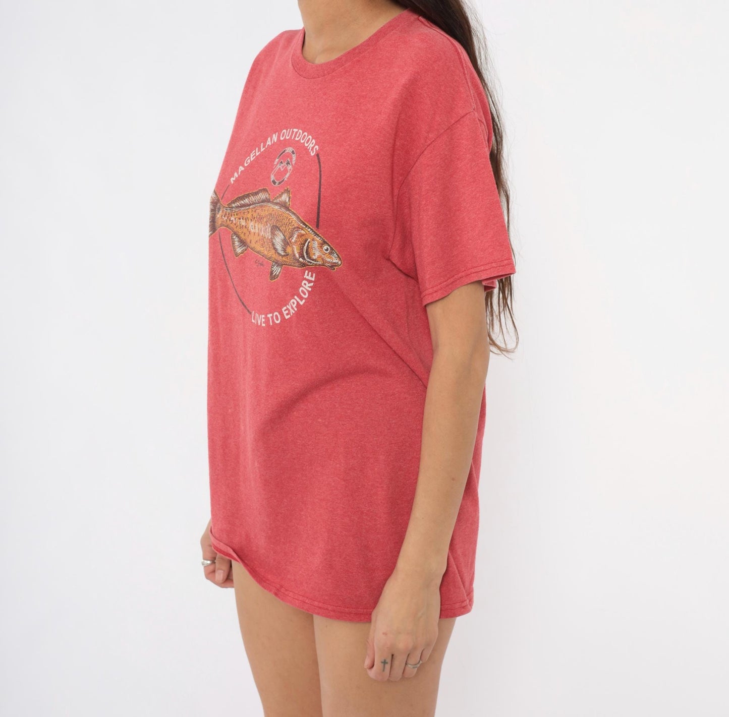 Y2K Magellan Outdoors Fish Graphic Tee Coral Cotton Crew Neck Medium