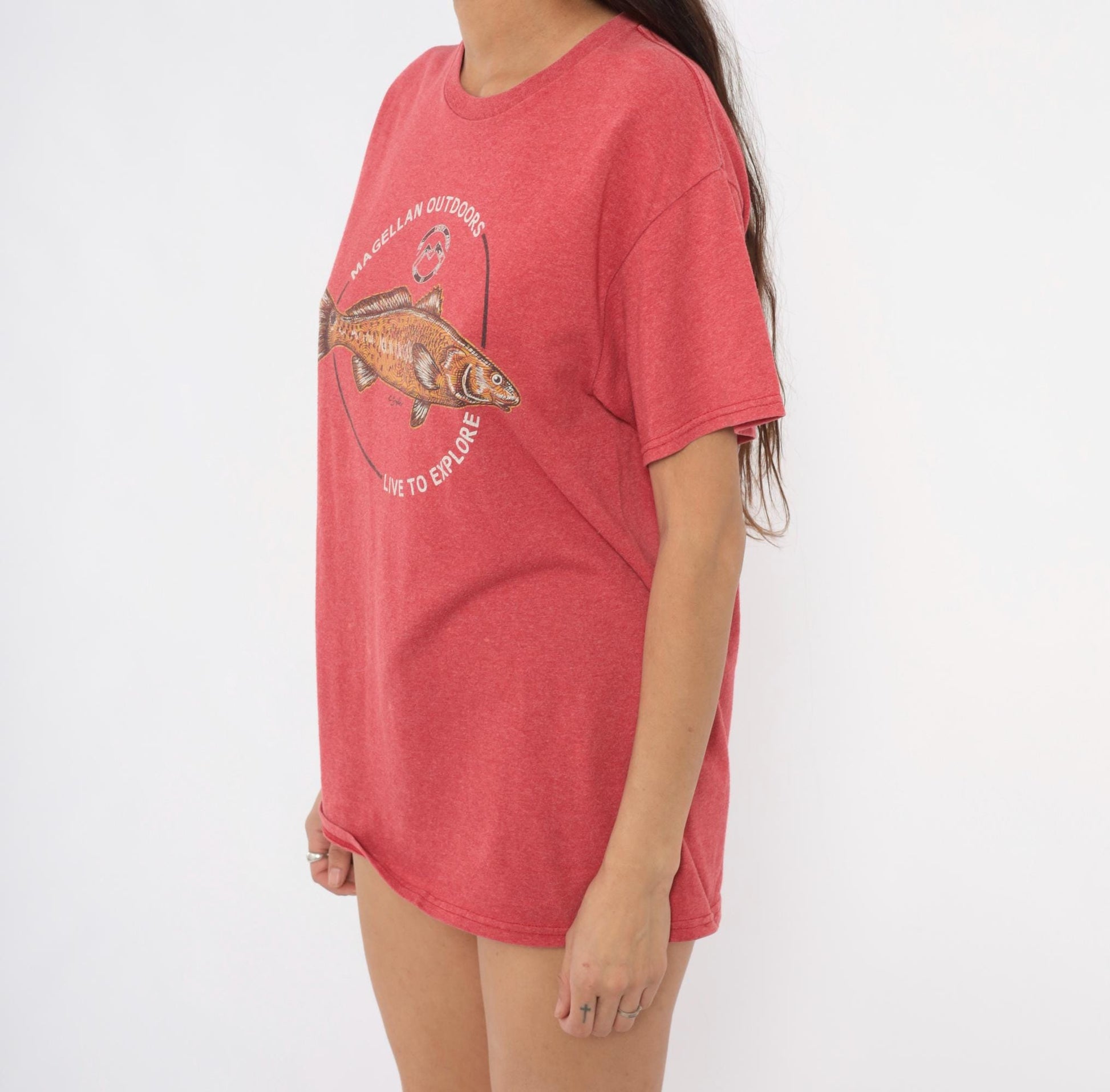 Y2K Magellan Outdoors Fish Graphic Tee Coral Cotton Crew Neck Medium
