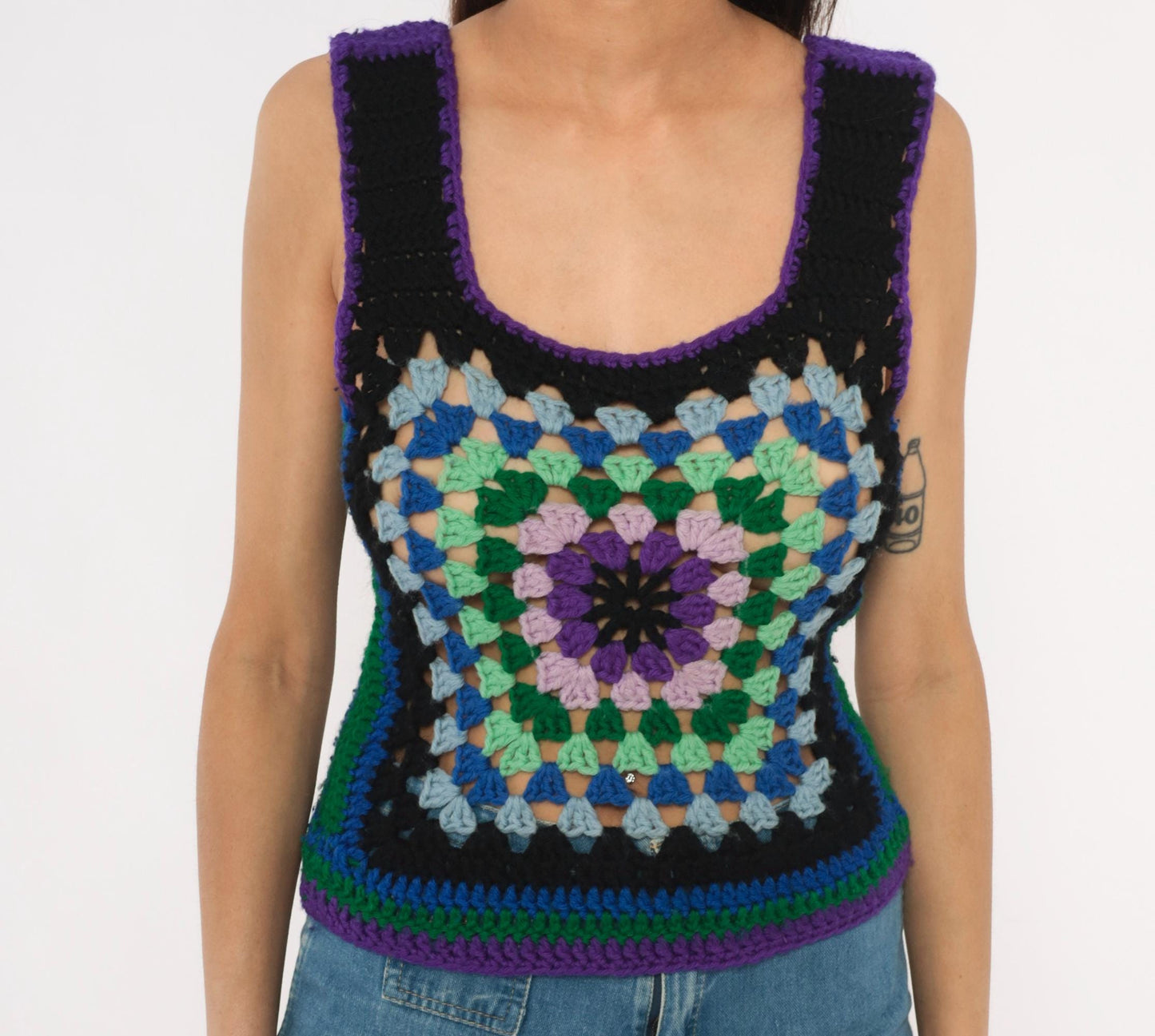 70s Handmade Crochet Granny Square Tank Purple Green Blue Scoop Neck Extra Small