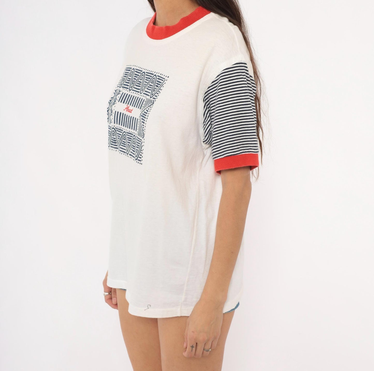 90s Head Sportswear Ringer Tee Geometric Print White Navy Red Striped Large L
