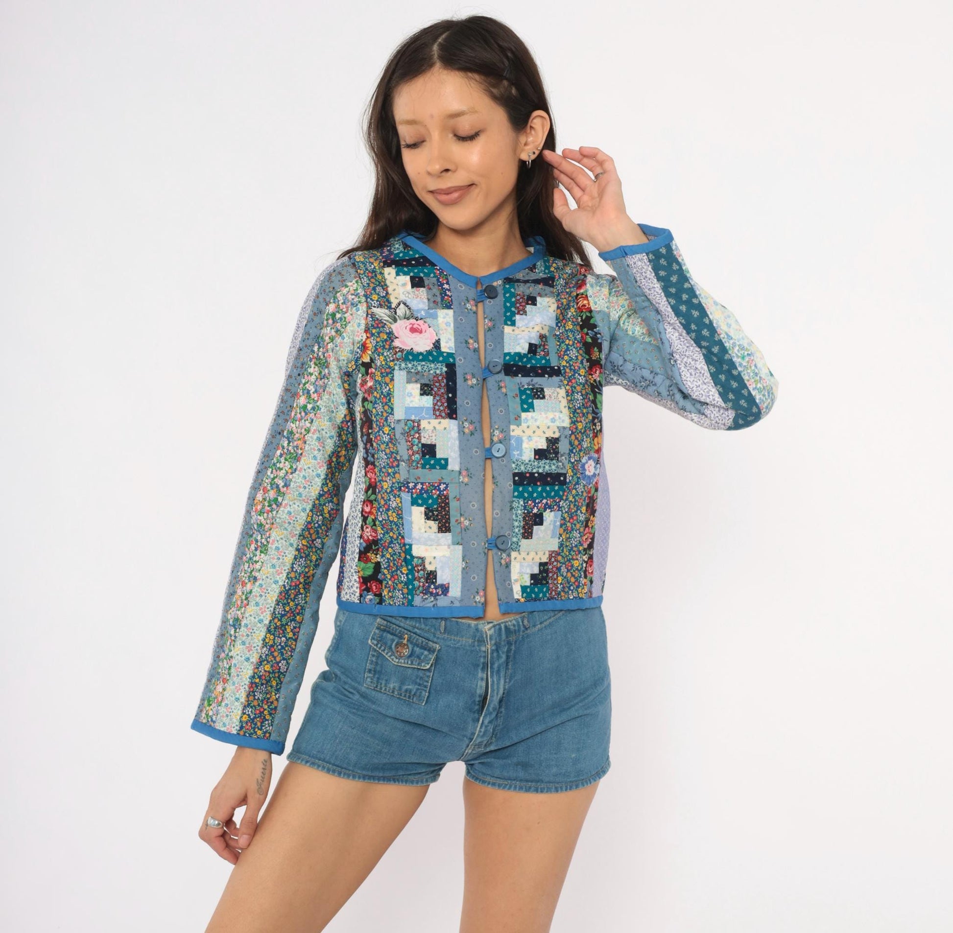 90s Calico Patchwork Quilted Jacket Log Cabin Floral Cotton Blue Navy Extra Small XS