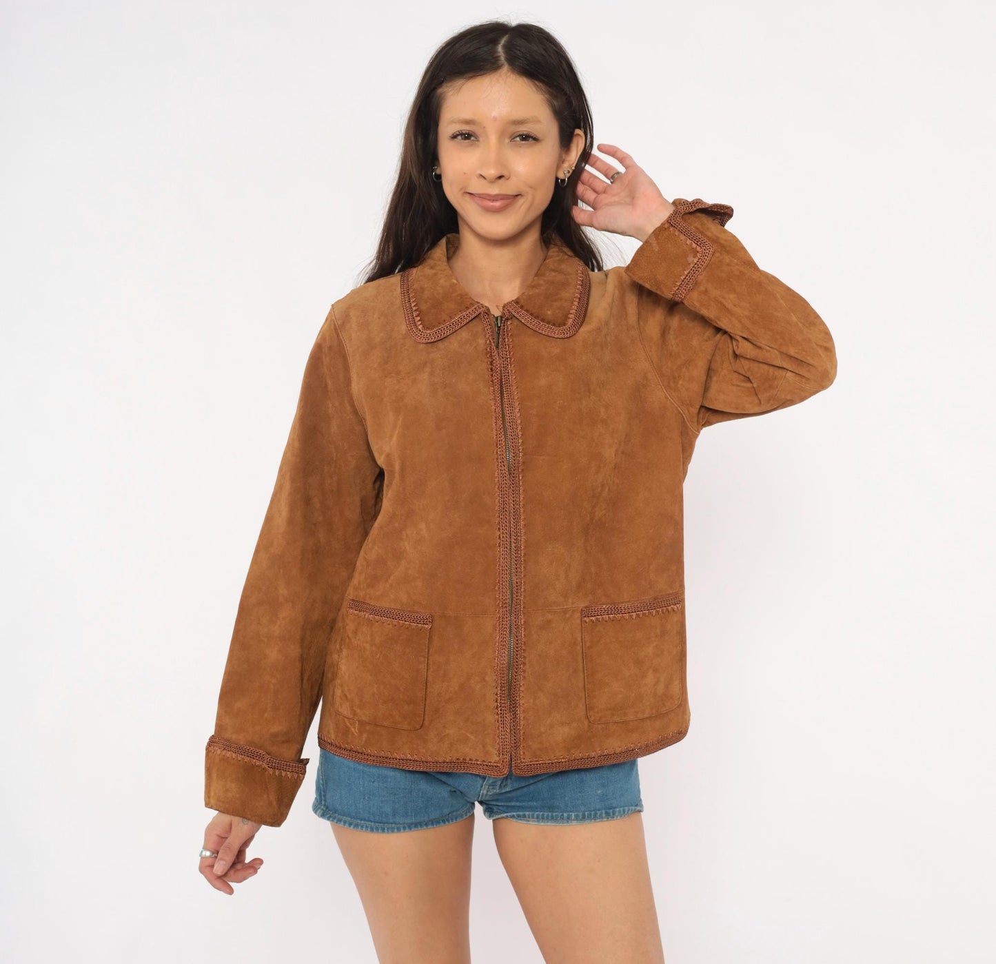 2000s Christopher & Banks Suede Jacket Brown Crochet Trim Zip Collared Large L