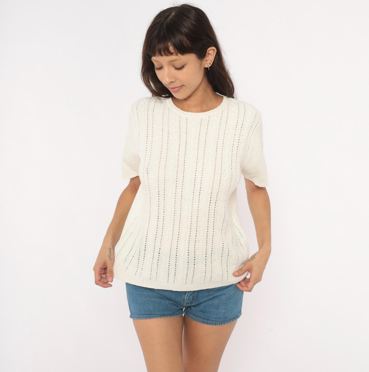 80s Pointelle Cable Knit Pullover Cream Short Sleeve Scoop Neck Large L