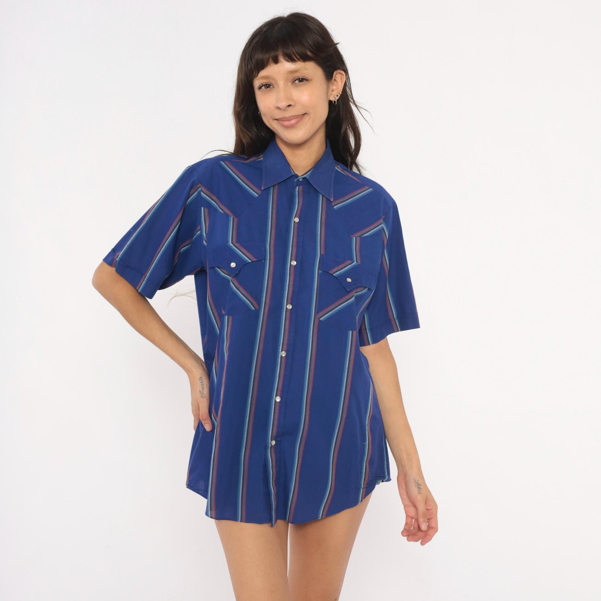 90s Ely Cattleman Western Snap Shirt Cobalt Blue Striped Pearl Button Medium M