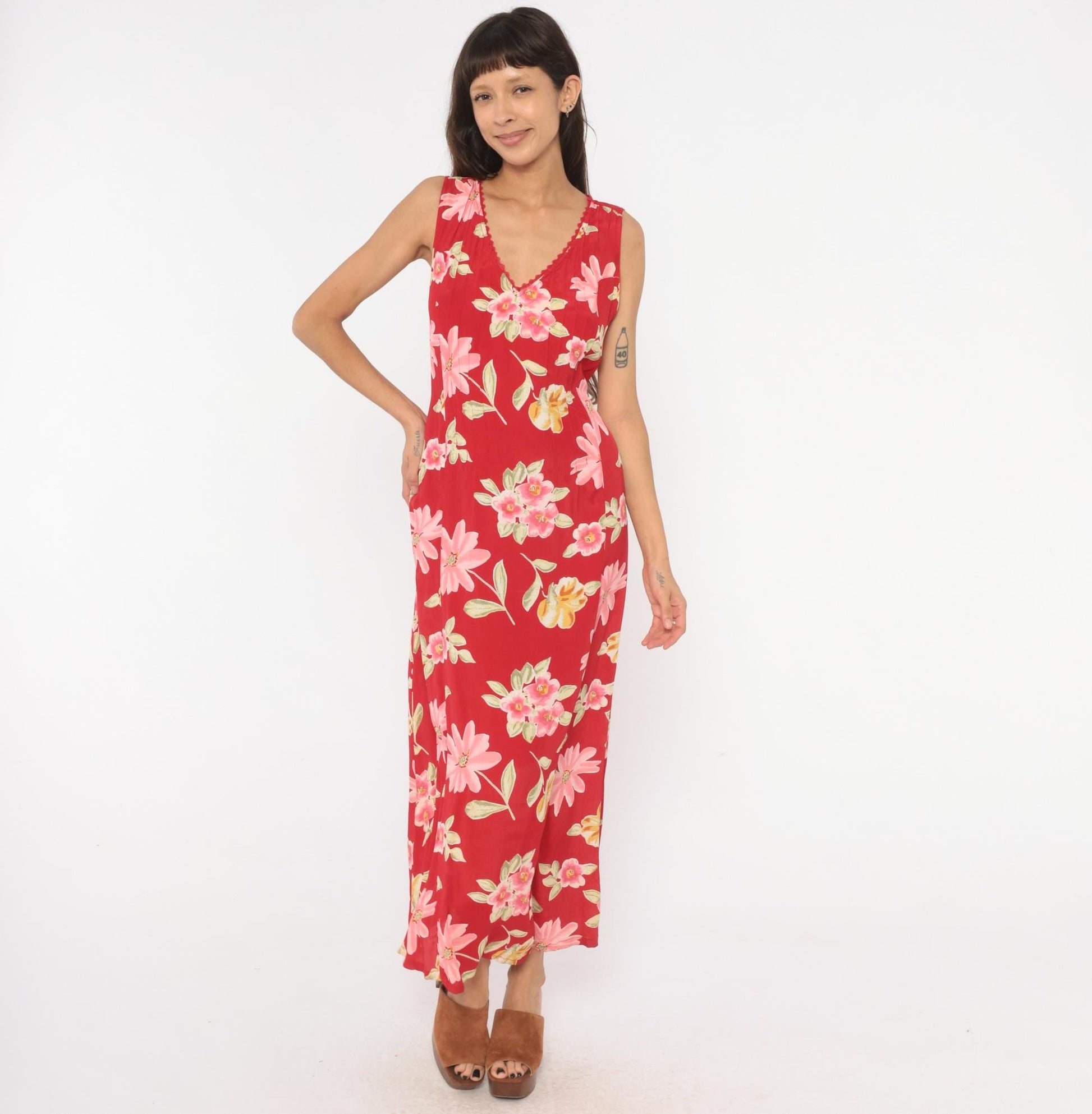 90s White Stag Red Floral Maxi Dress Sleeveless V-Neck Lace Trim Large L