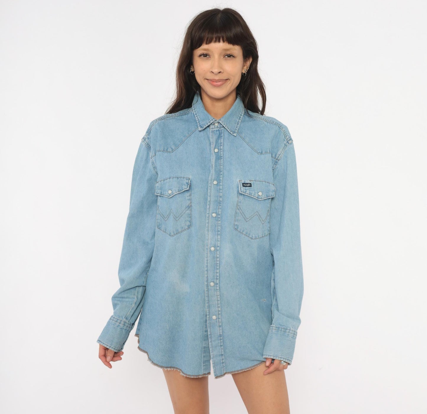 90s Wrangler Western Denim Shirt Pearl Snap Light Blue Cotton Large L