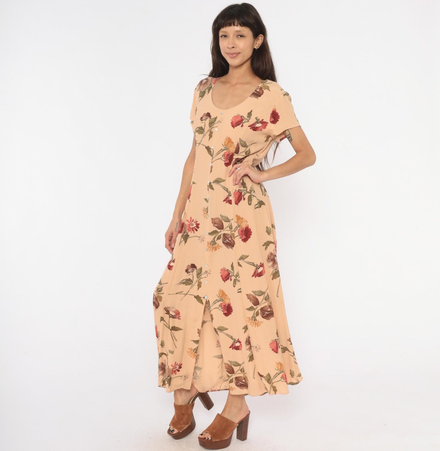 90s Jeffery & Dara Floral Maxi Dress Peach Button Front Scoop Neck Large L