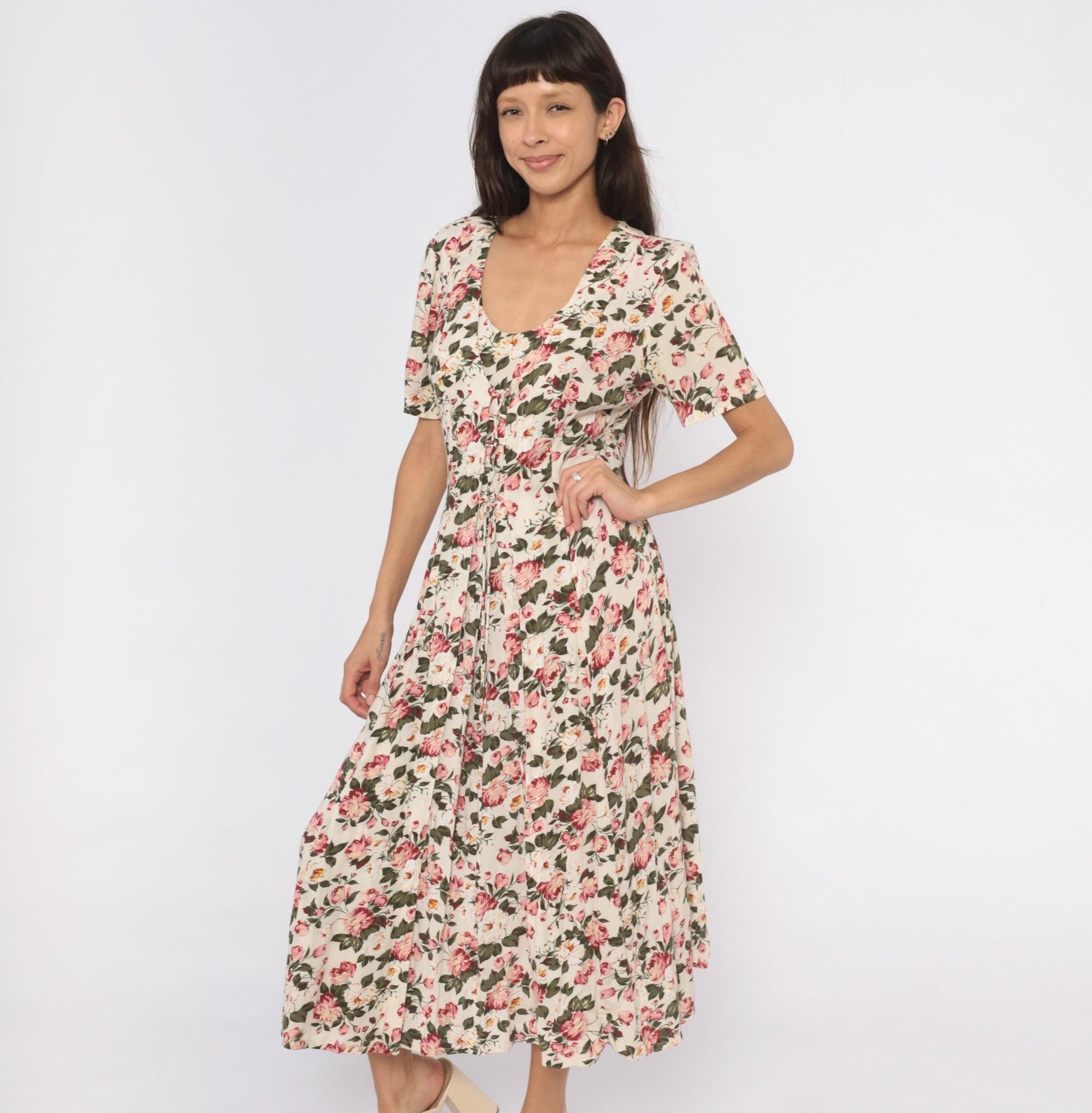 90s Jamie Brooke Midi Dress Cream Floral Tie Front Puff Sleeve Medium M