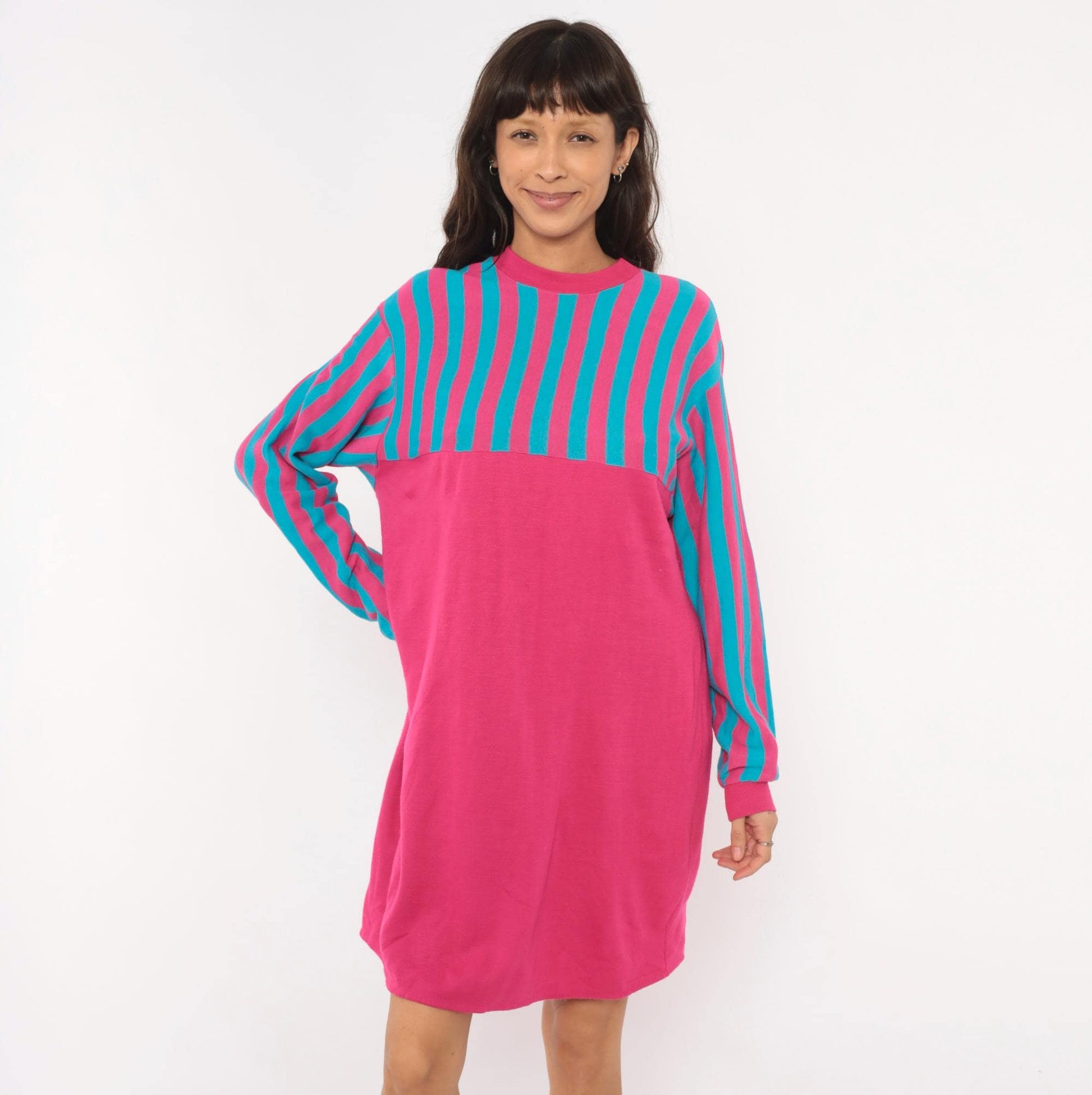 80s Sleep Mates Striped Sweatshirt Dress Hot Pink Teal Knee-Length Small