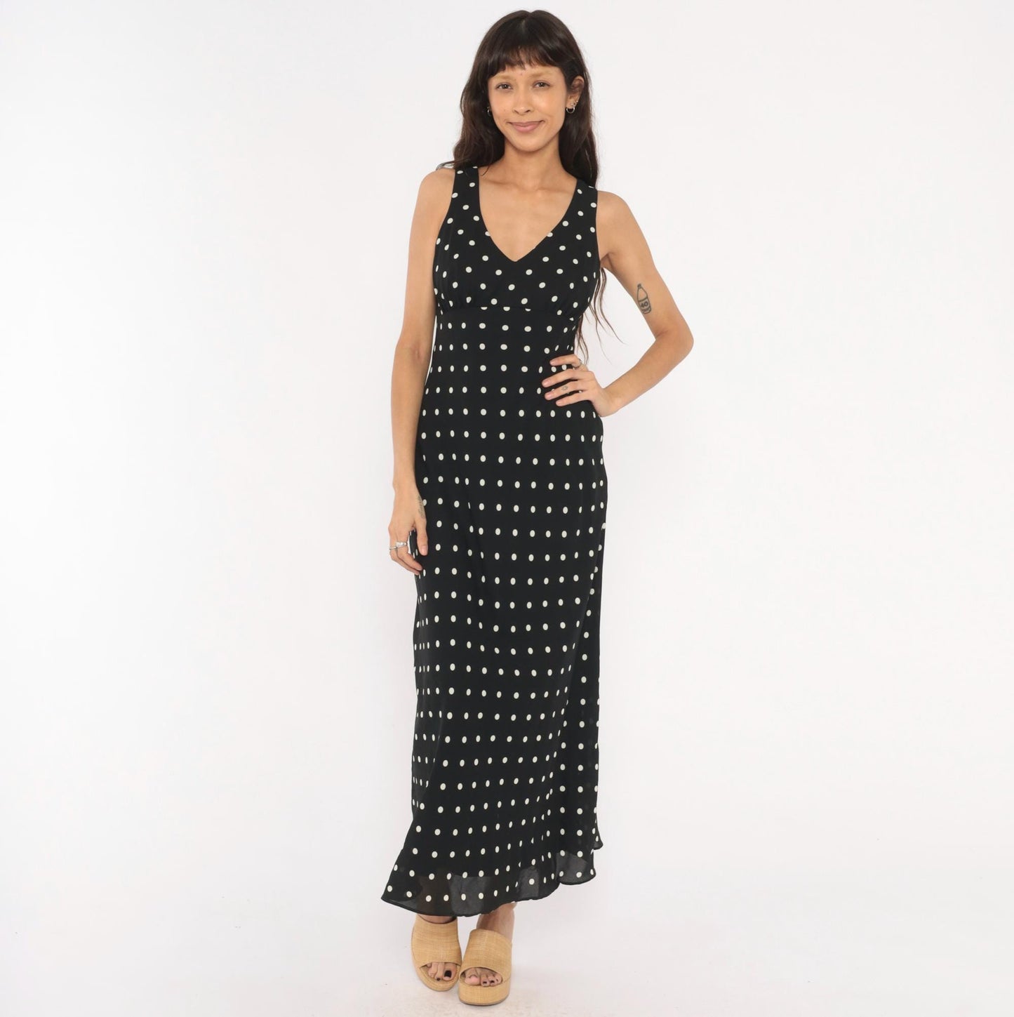 90s Alyn Paige Polka Dot Maxi Dress Black White V Neck Empire Waist Medium M