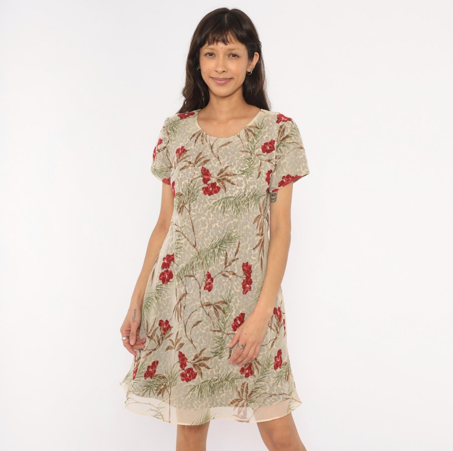 90s Jessica Howard Leopard Floral A-Line Dress Tan Tropical Print Medium M