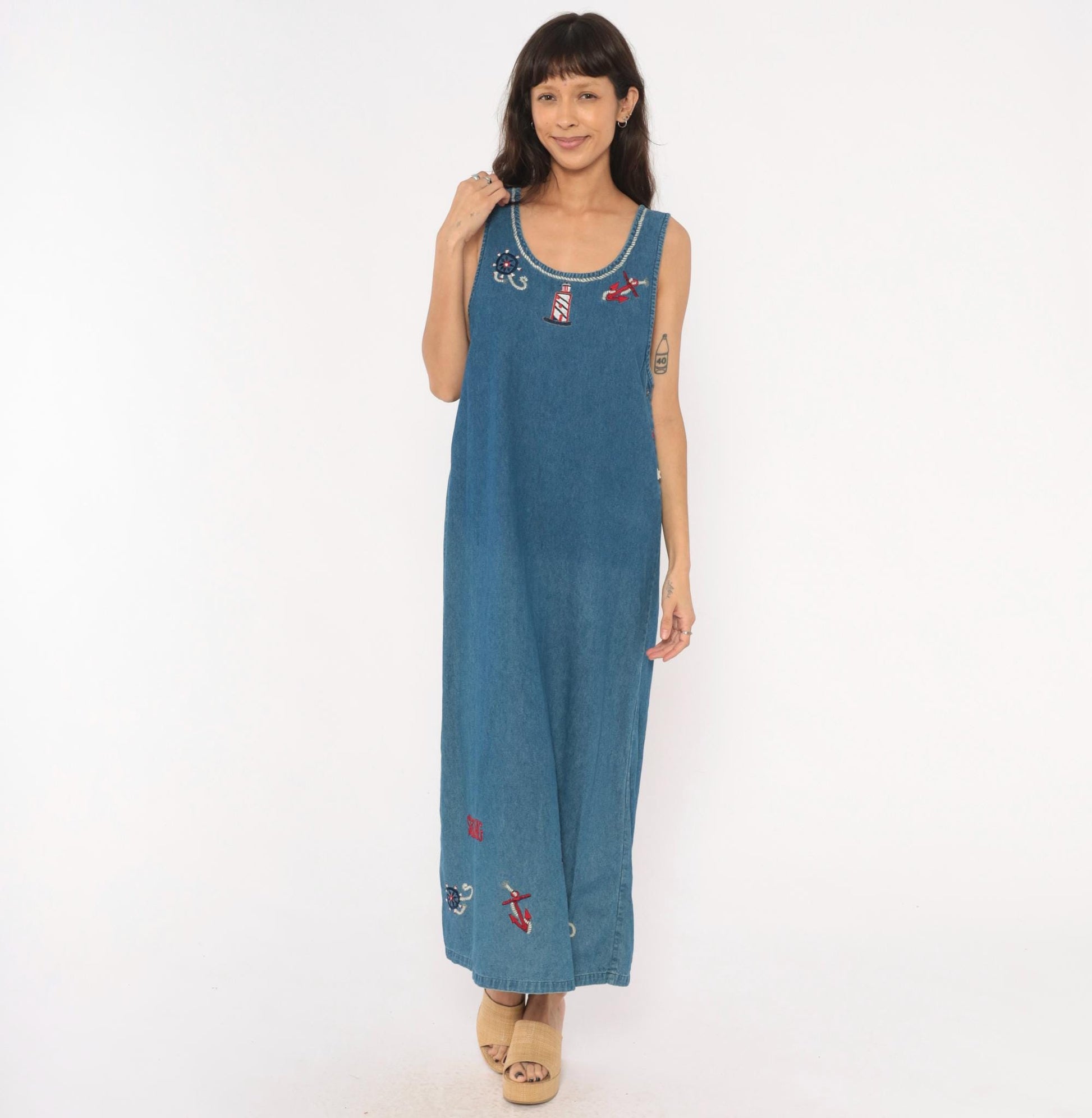 90s Keren Hart Nautical Denim Maxi Dress Embroidered Lighthouse Anchor Medium M
