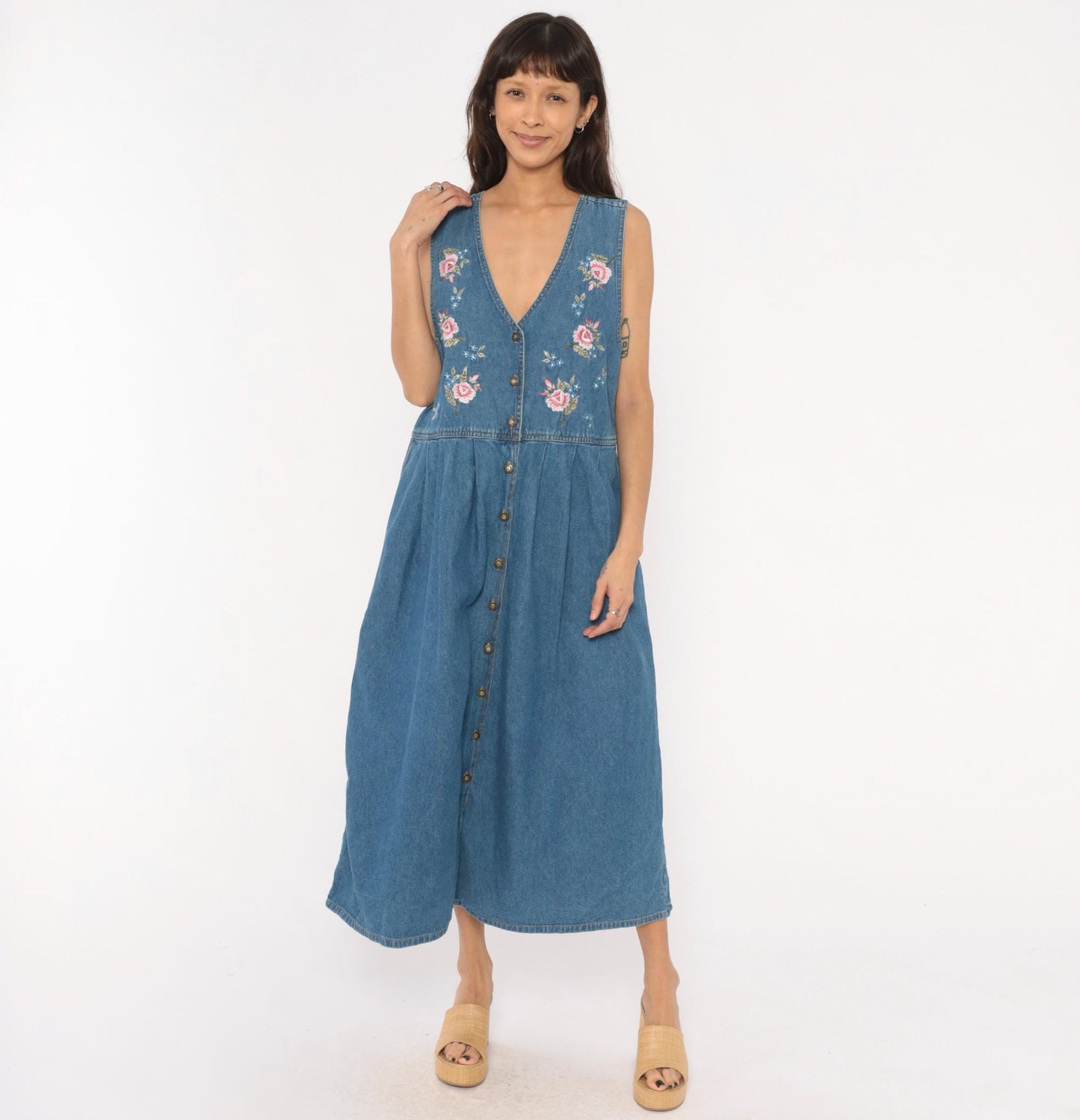 90s Casual Corner Denim Maxi Dress Floral Embroidered V-Neck Button Front Large