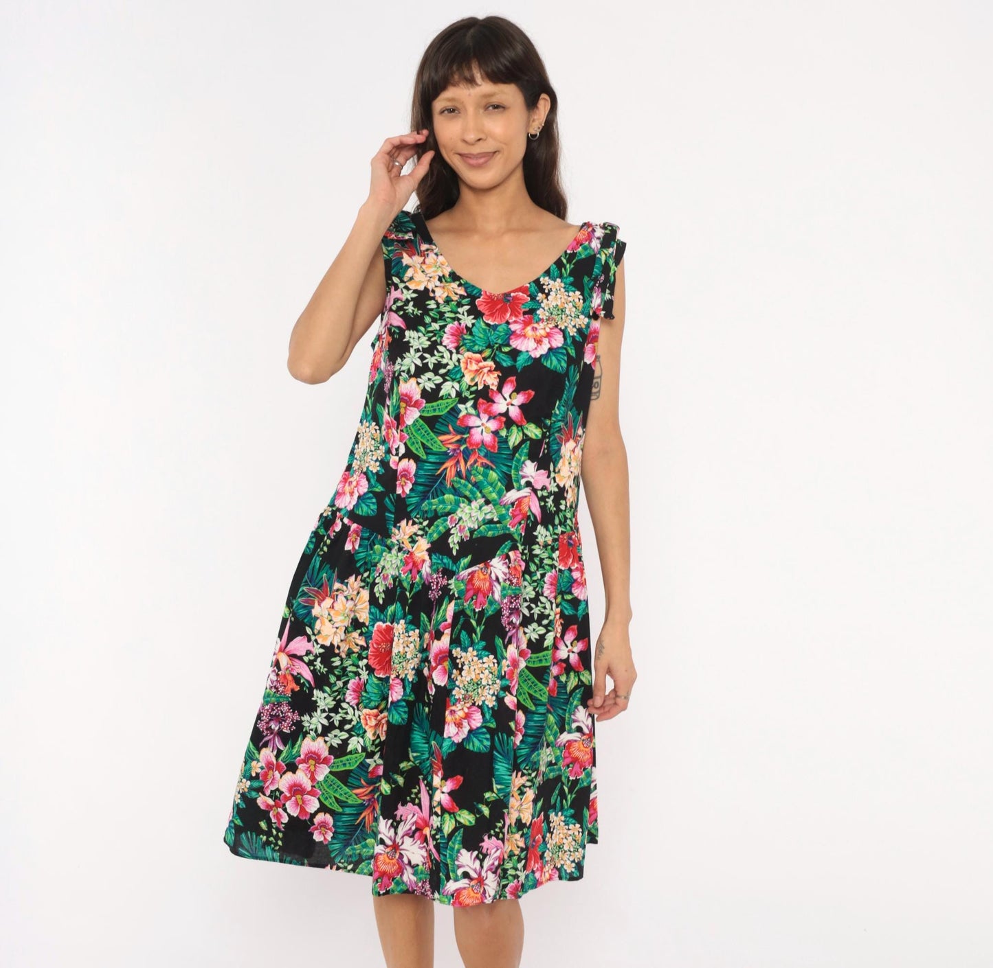 90s D.L. Originals Tropical Floral Sundress Black Pink Cotton Plus Size 1X