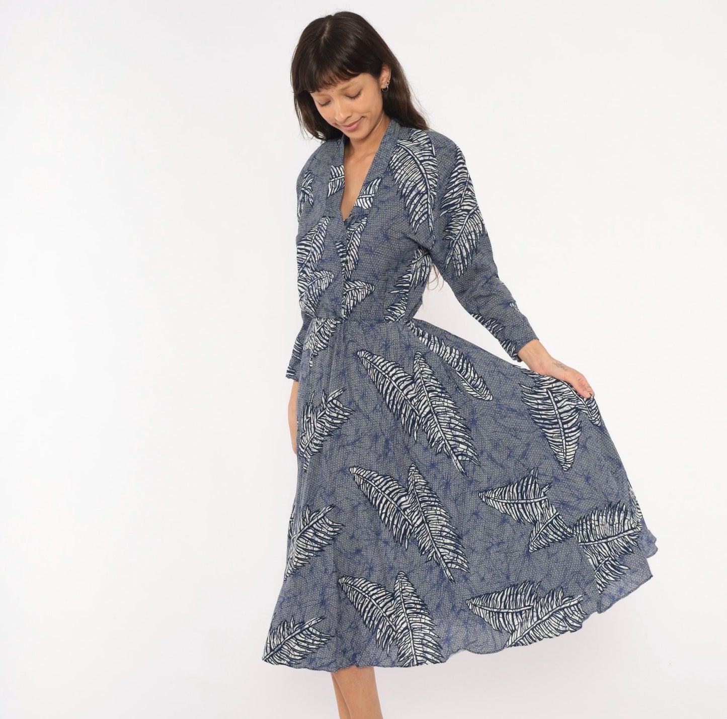 90s Kono Fern Leaf Wrap Dress Cobalt Navy Midi A-Line Small S