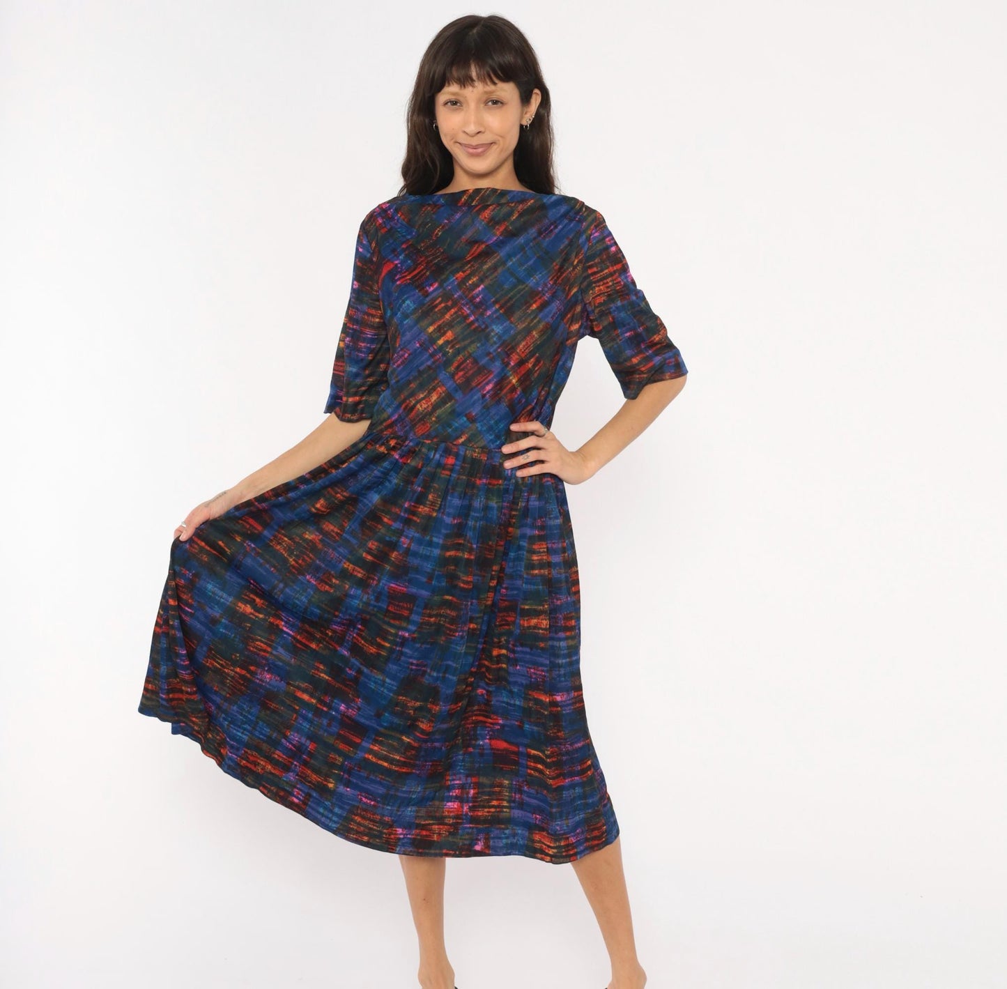 1960s L'Aiglon Cobalt Orange Plaid Dress Boat Neck Pleated Midi Large