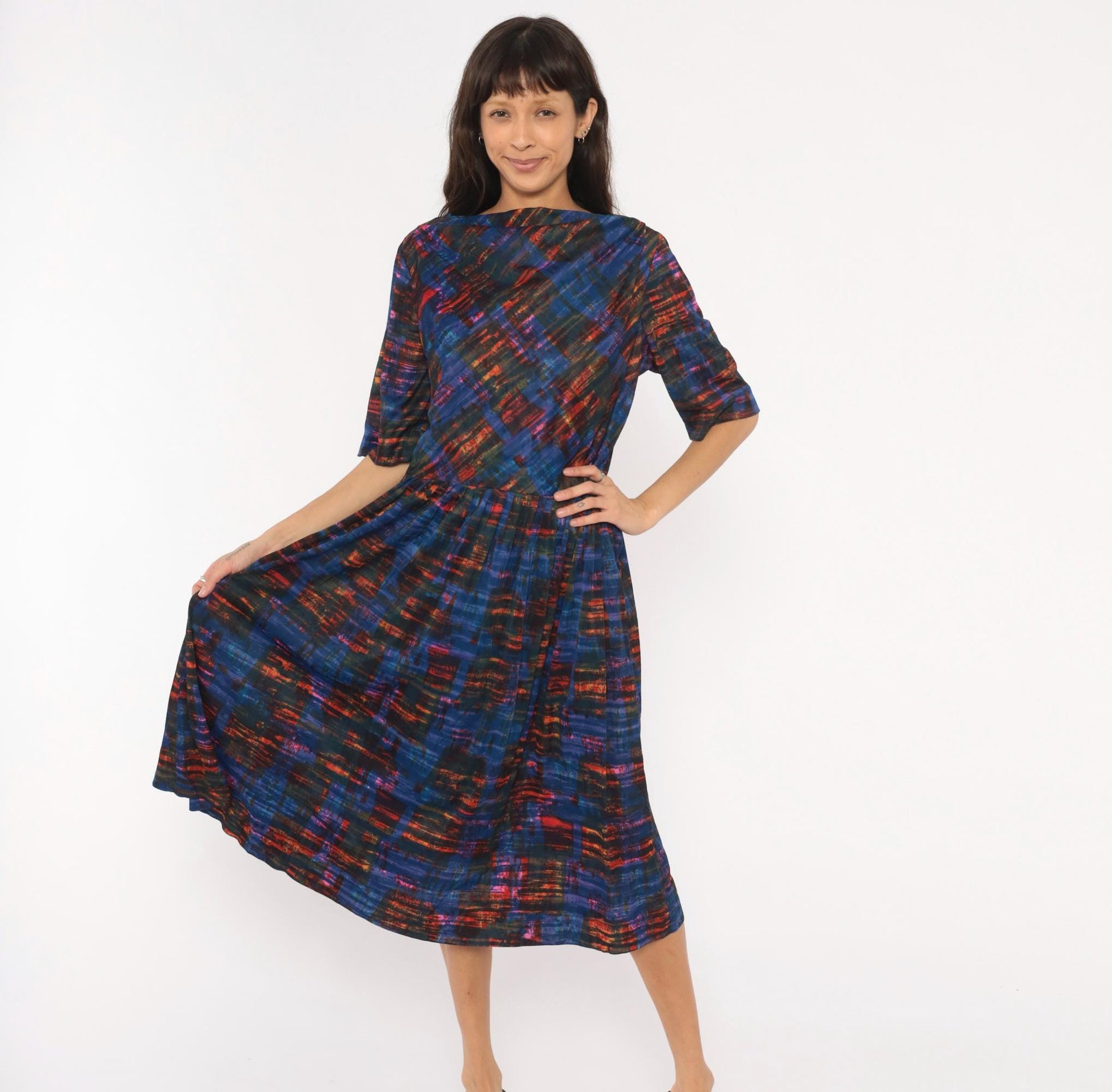 1960s L'Aiglon Cobalt Orange Plaid Dress Boat Neck Pleated Midi Large