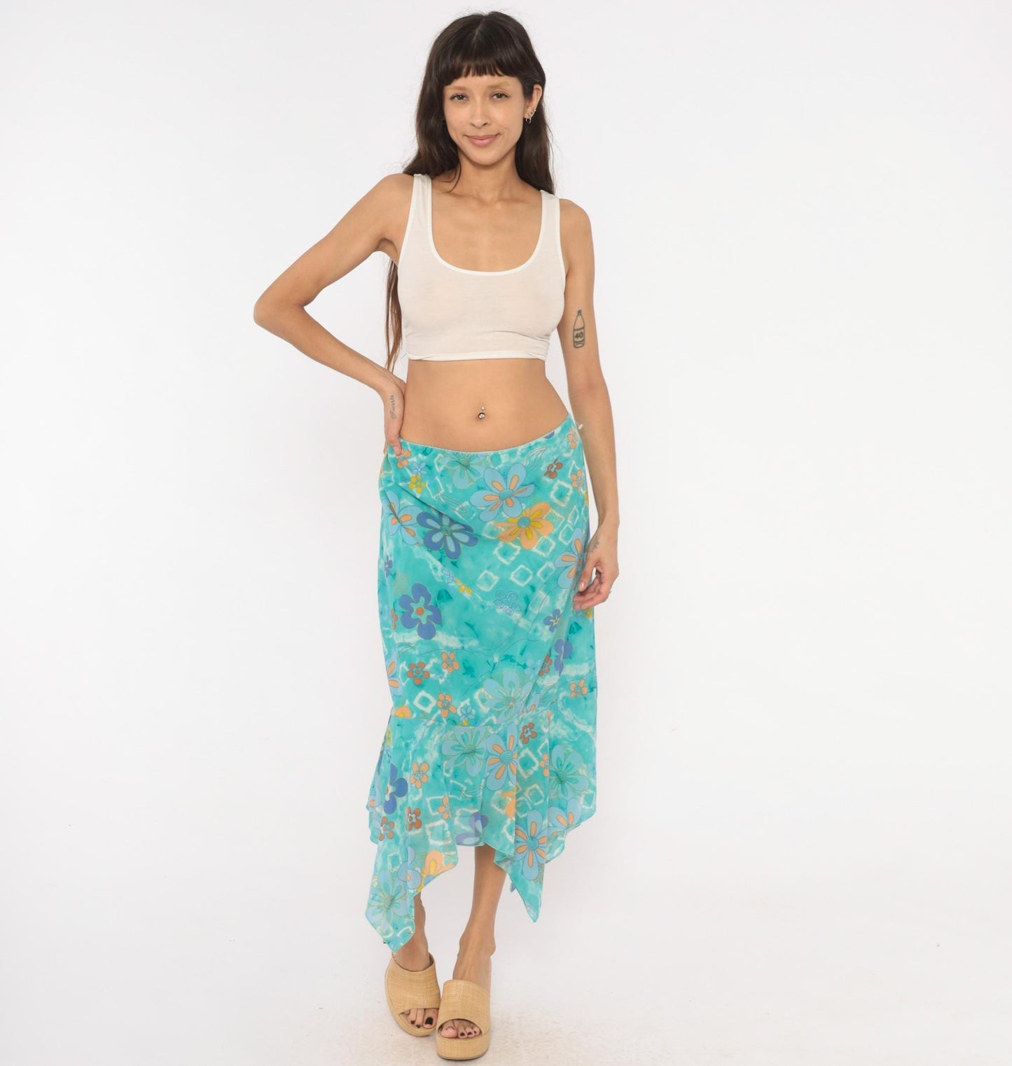 Y2K Millenium Psychedelic Handkerchief Midi Skirt Turquoise Floral Extra Large XXL