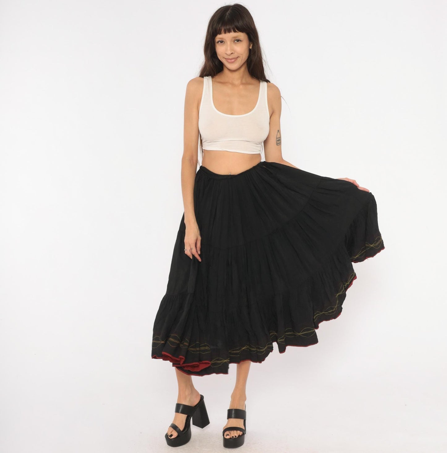 60s Black Tiered Midi Skirt Gold Embroidered Gathered Waist Acetate Extra Small XS
