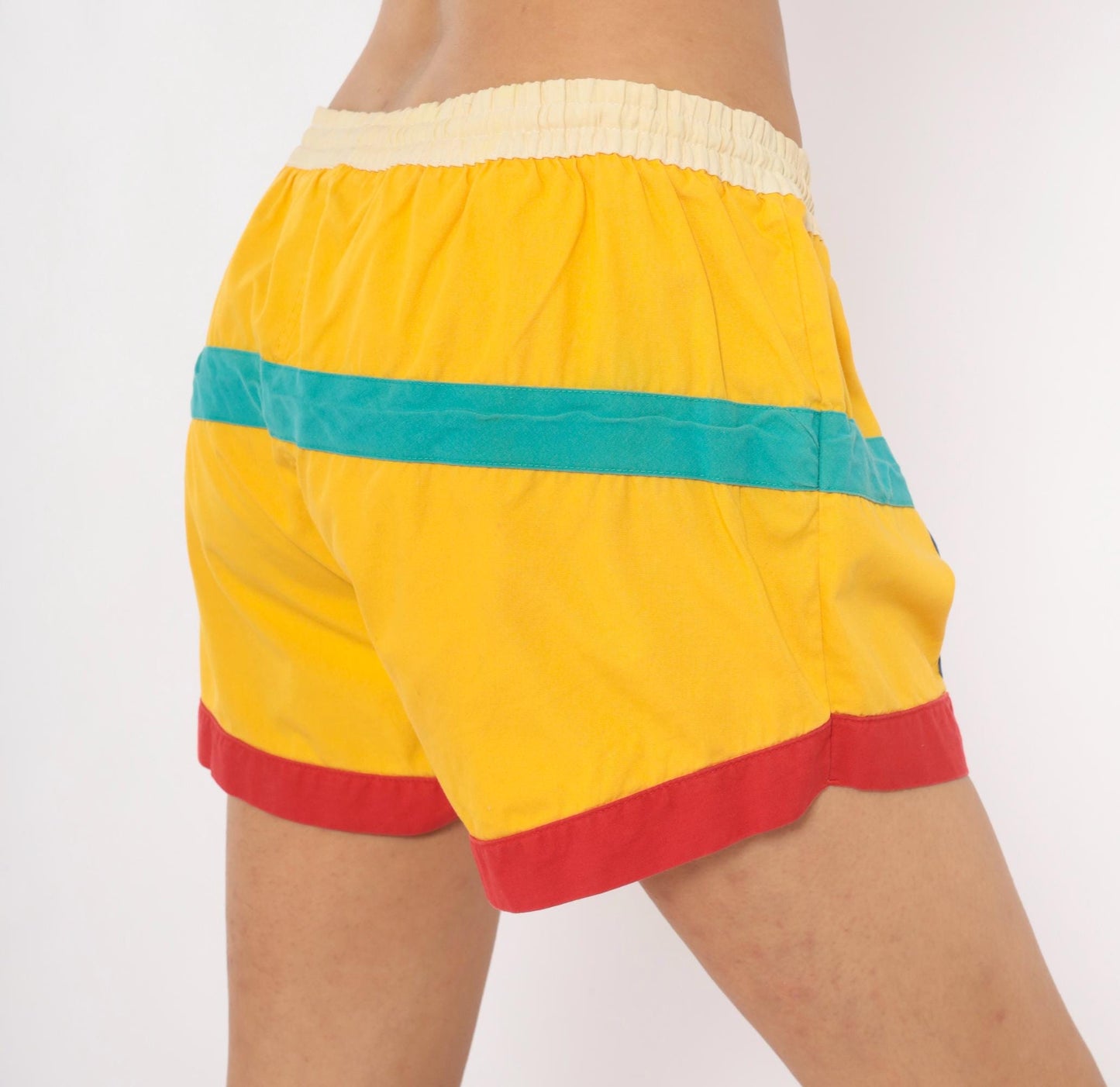 80s Freestyle Color Block Swim Shorts Yellow Teal Blue Large L